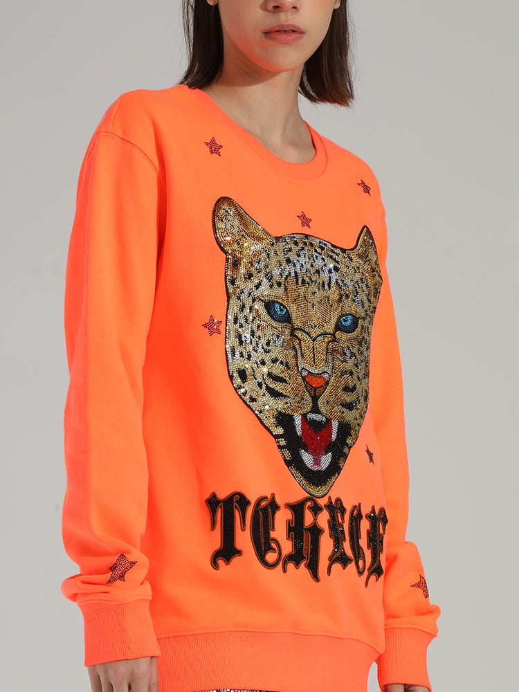 TCH Leopard Star Rhinestone Crewneck Sweatshirt orange HighEnd Luxury Streetwear Brand Official Showcase