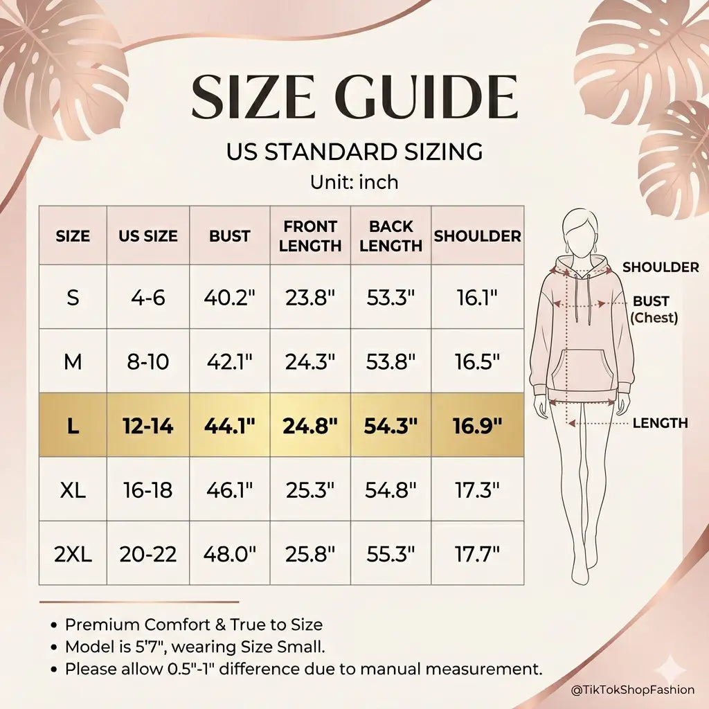 Size guide for clothing with measurements in inches, featuring a person icon and text on a light background. TCH Luck Dog Rhinestone Hooded Sweatshirt