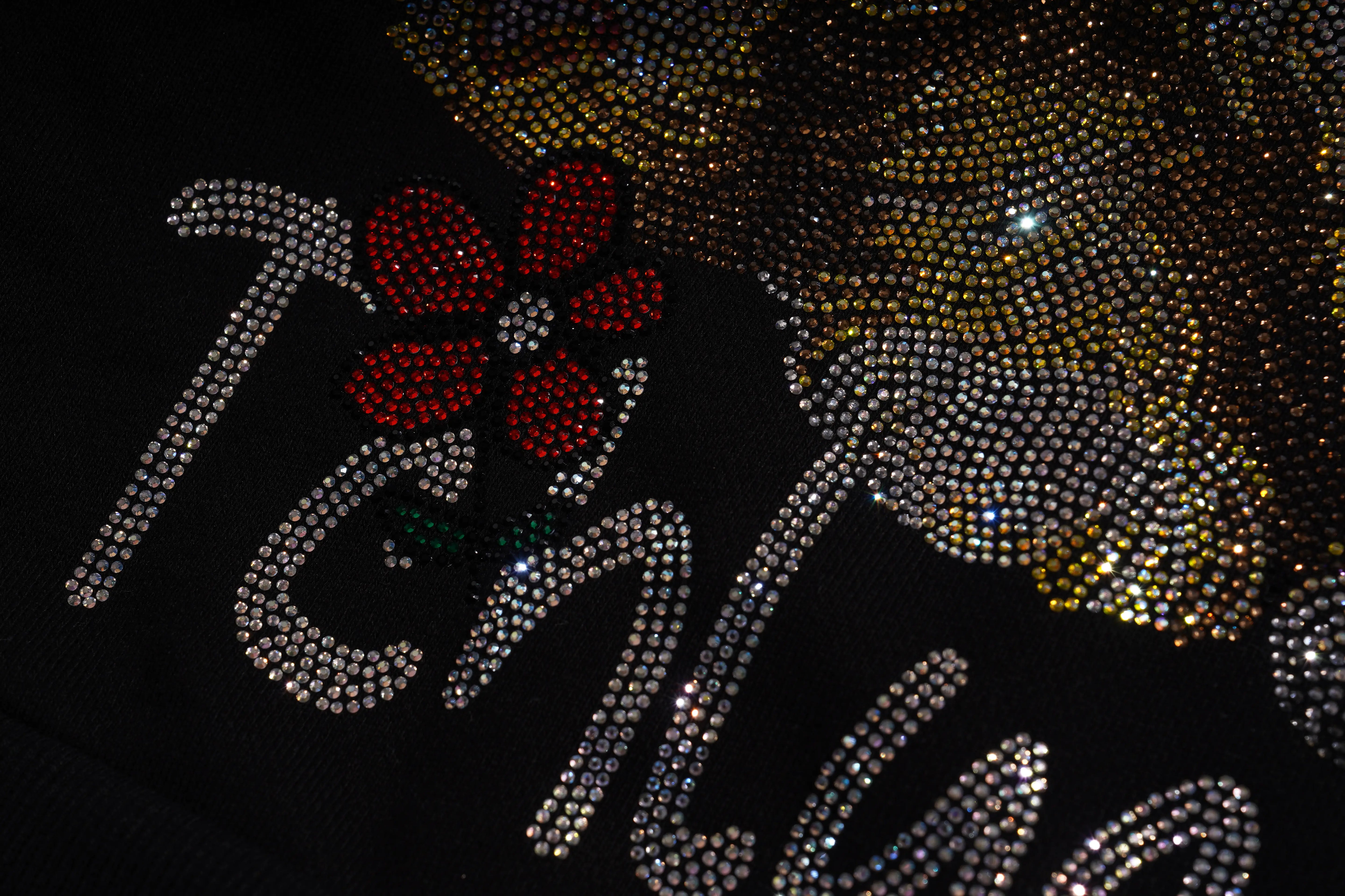 Decorative design with flowers and text on a black background, TCH Luck Dog Rhinestone Hooded Sweatshirt