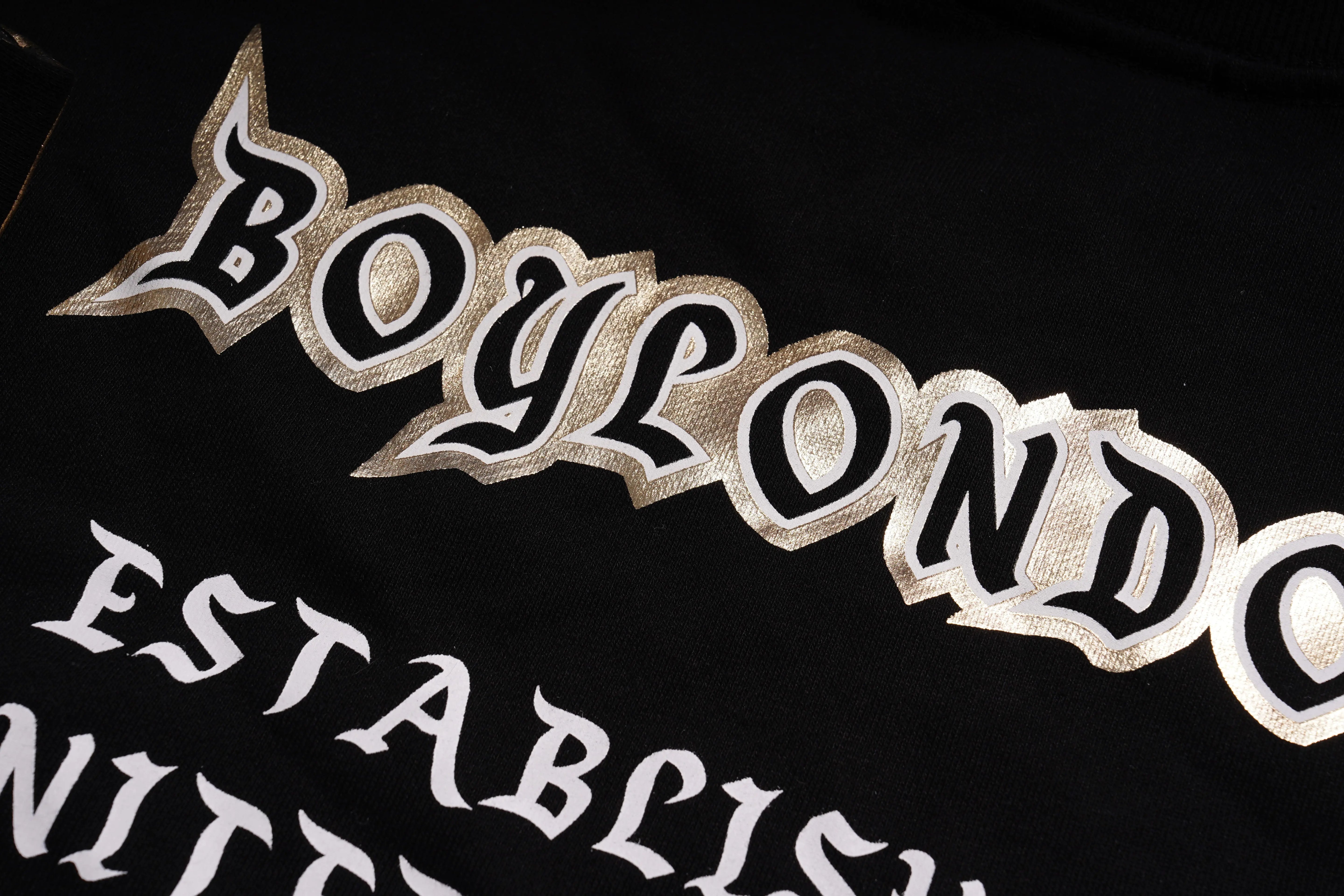 Close-up of 'BOYLON' branding on a black background, TCH Lucky Pig Rhinestone Sweatshirt