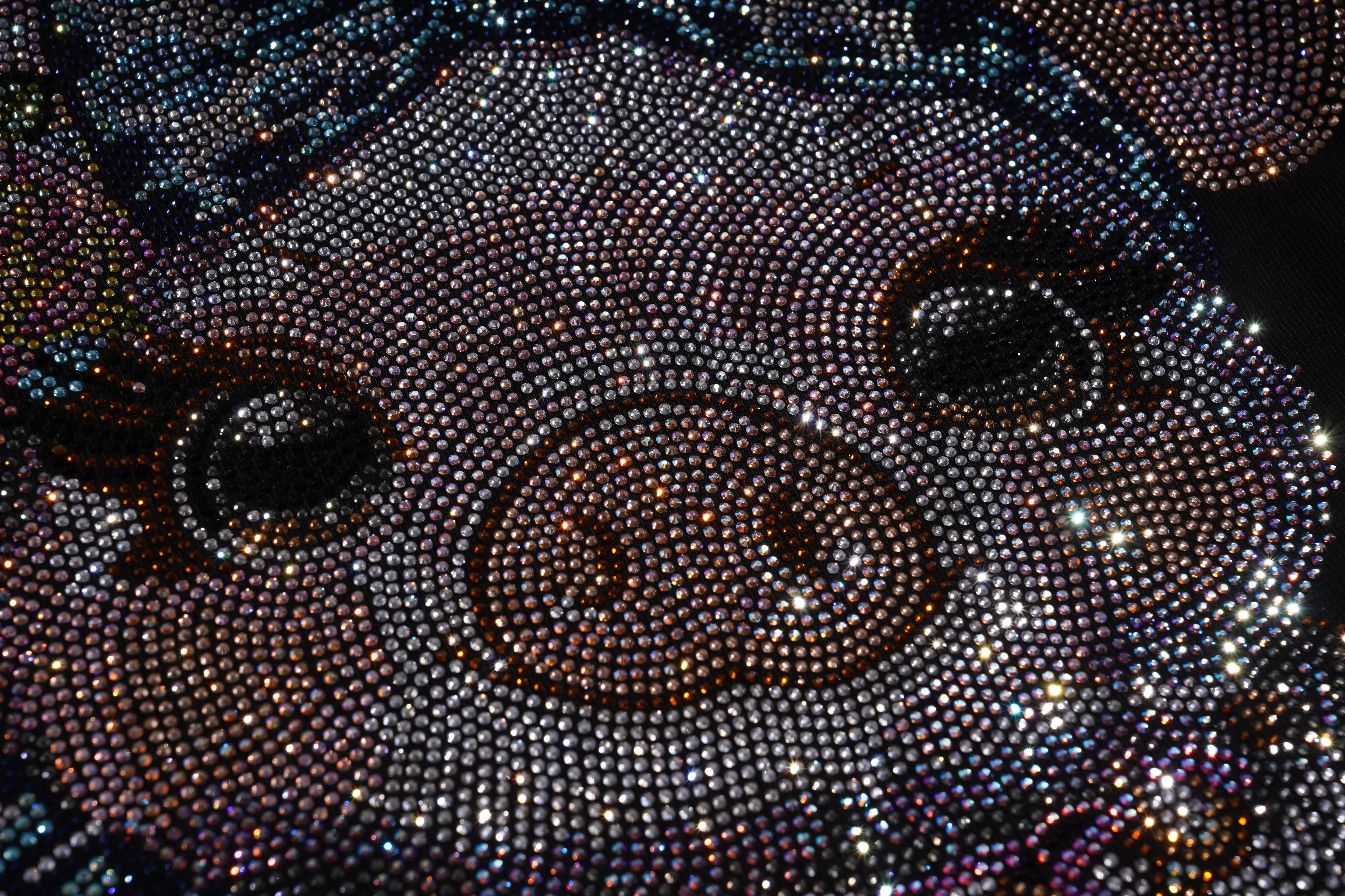 Close-up of a rhinestone-covered piggy bank with a bow on top. TCH Lucky Pig Rhinestone Sweatshirt