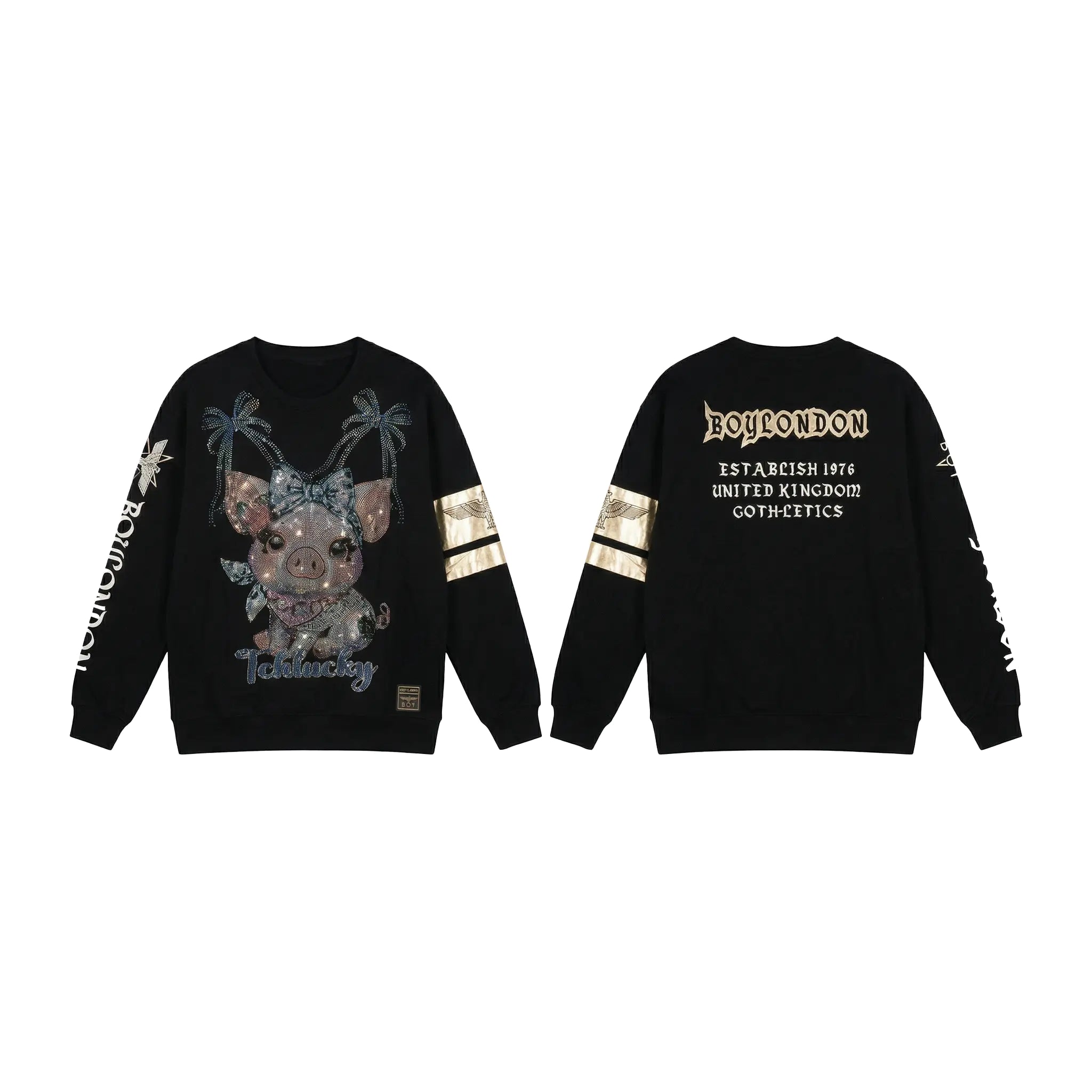 Black sweatshirt with front and back designs on a white background, TCH Lucky Pig Rhinestone Sweatshirt