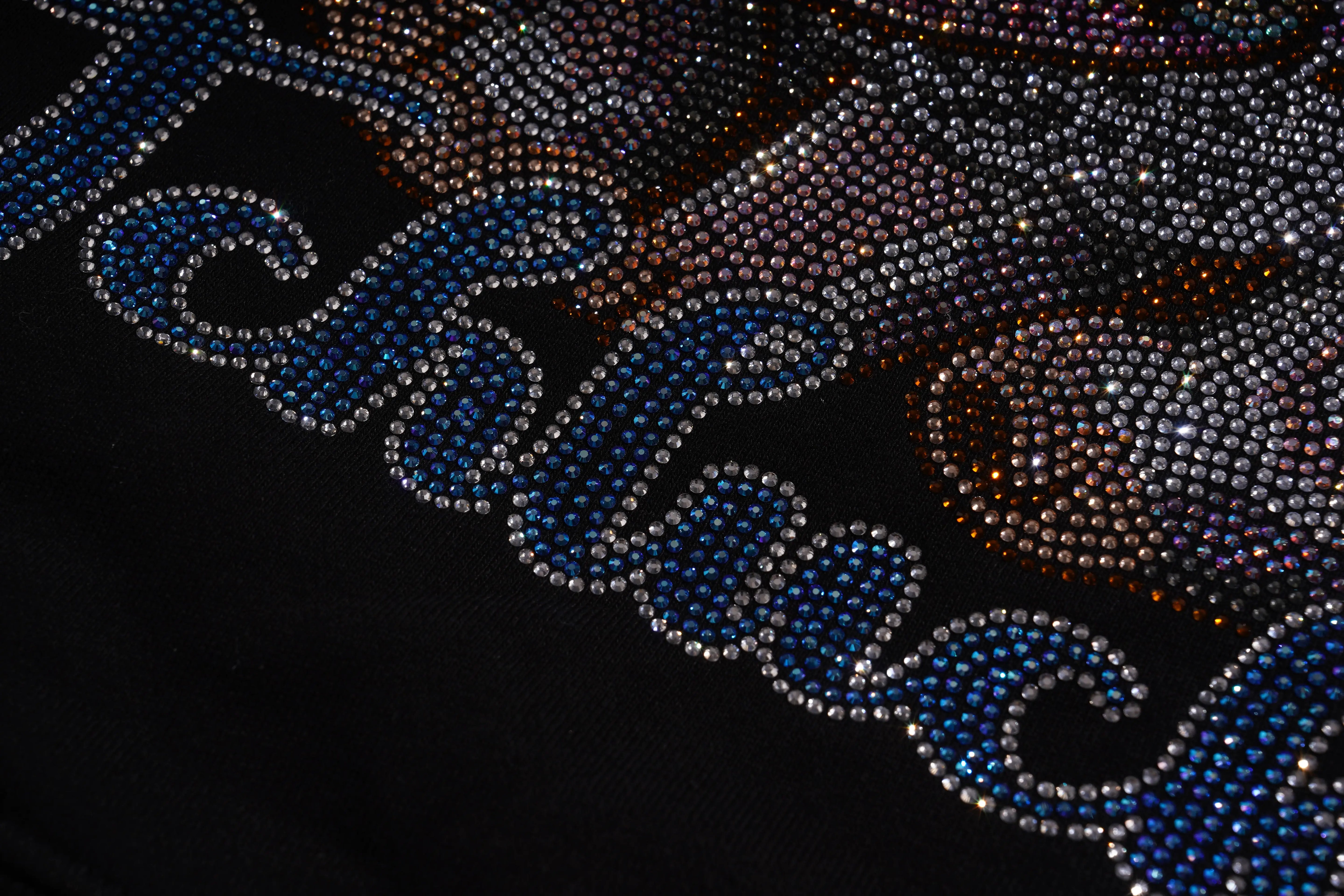 Close-up of a decorative item with blue and silver embellishments on a black background, TCH Lucky Pig Rhinestone Sweatshirt