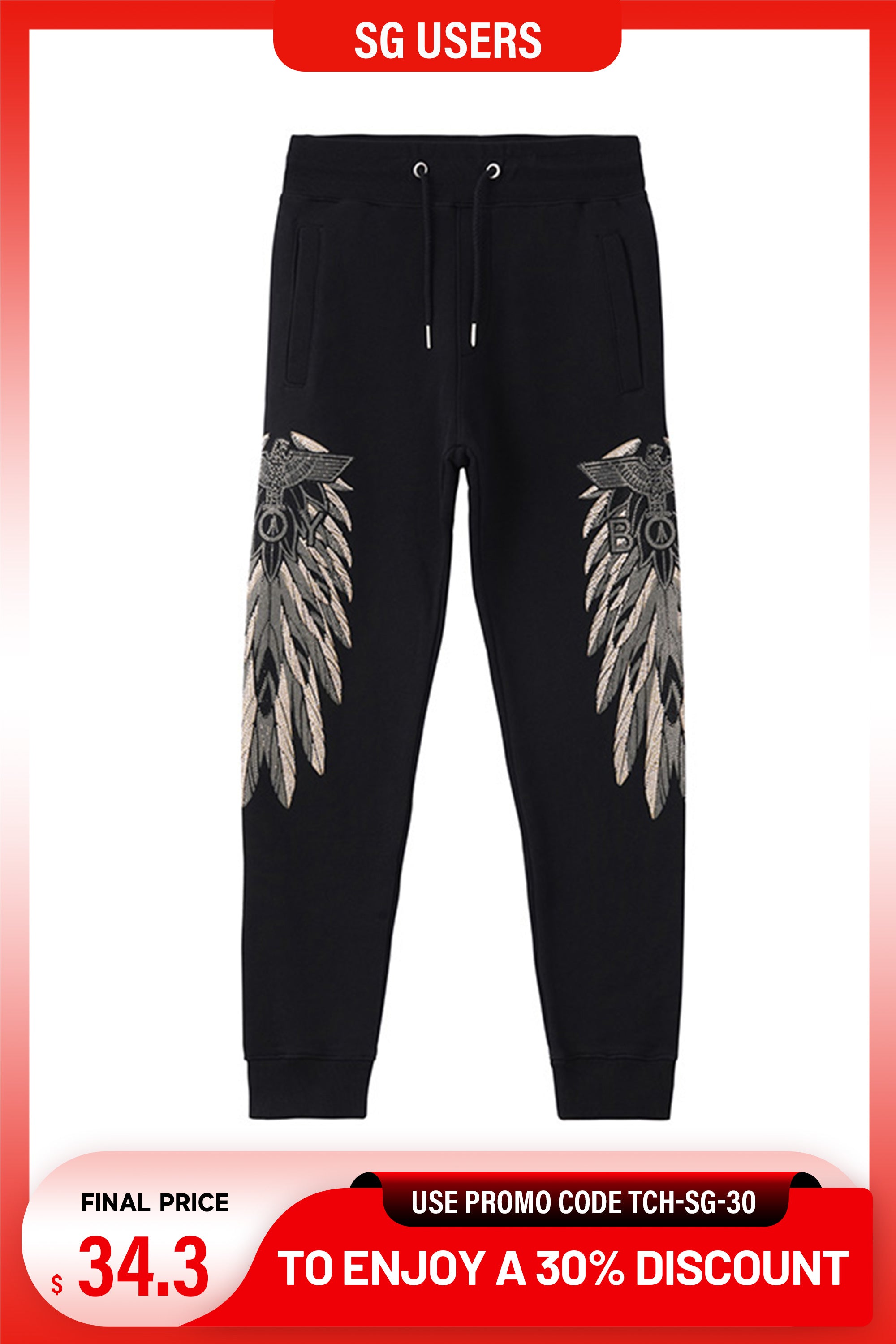 Black jogger pants with wing designs on a white background, featuring a promotional banner at the top and bottom. TCH Luxe Winged Rhinestone Jogger Pants