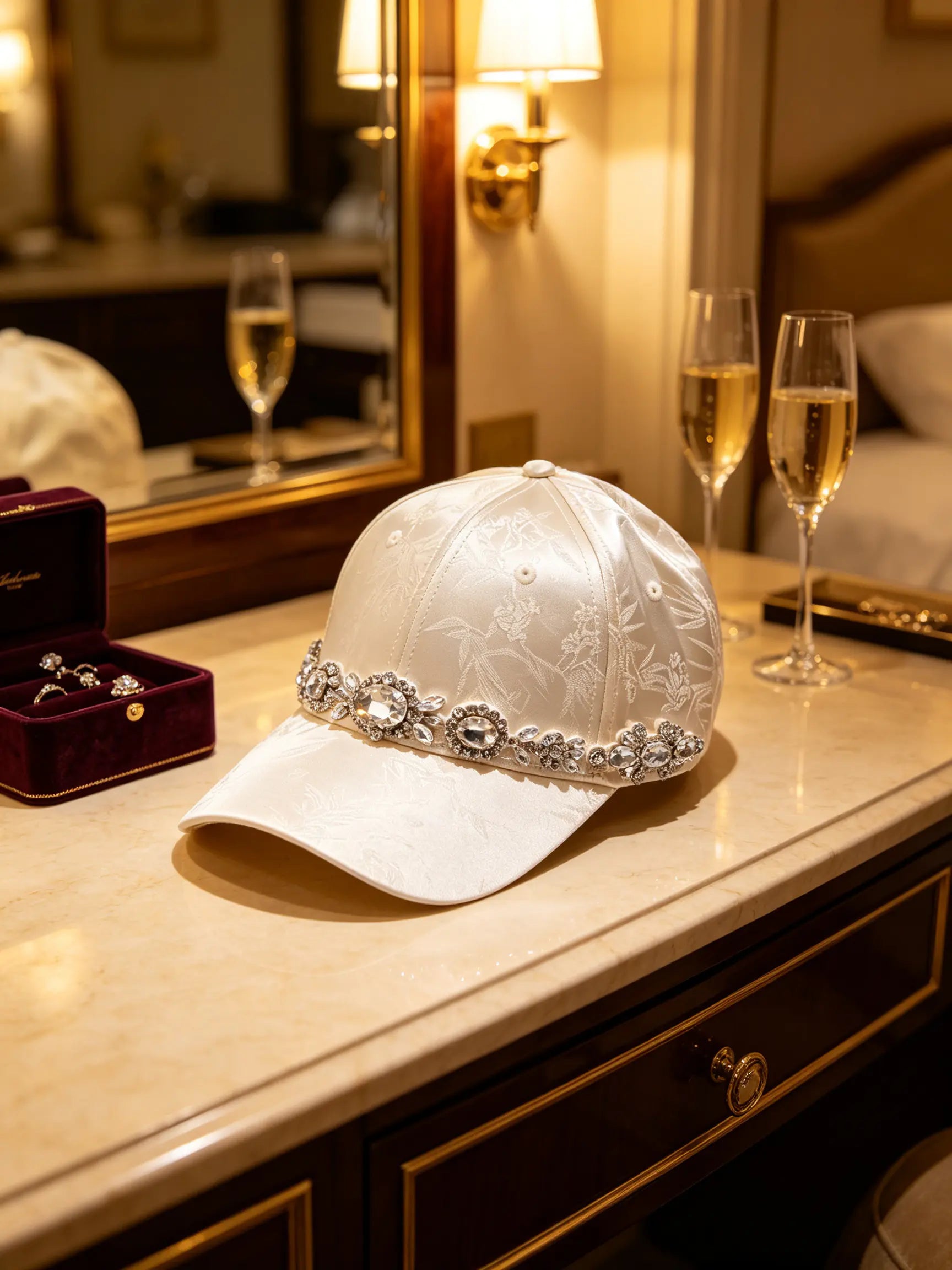 A white satin baseball cap with an ornate silver rhinestone band, displayed on a marble counter in a luxury hotel room next to champagne glasses and a ring box. TCH Luxury Crystal Embellished Floral Jacquard Baseball Cap