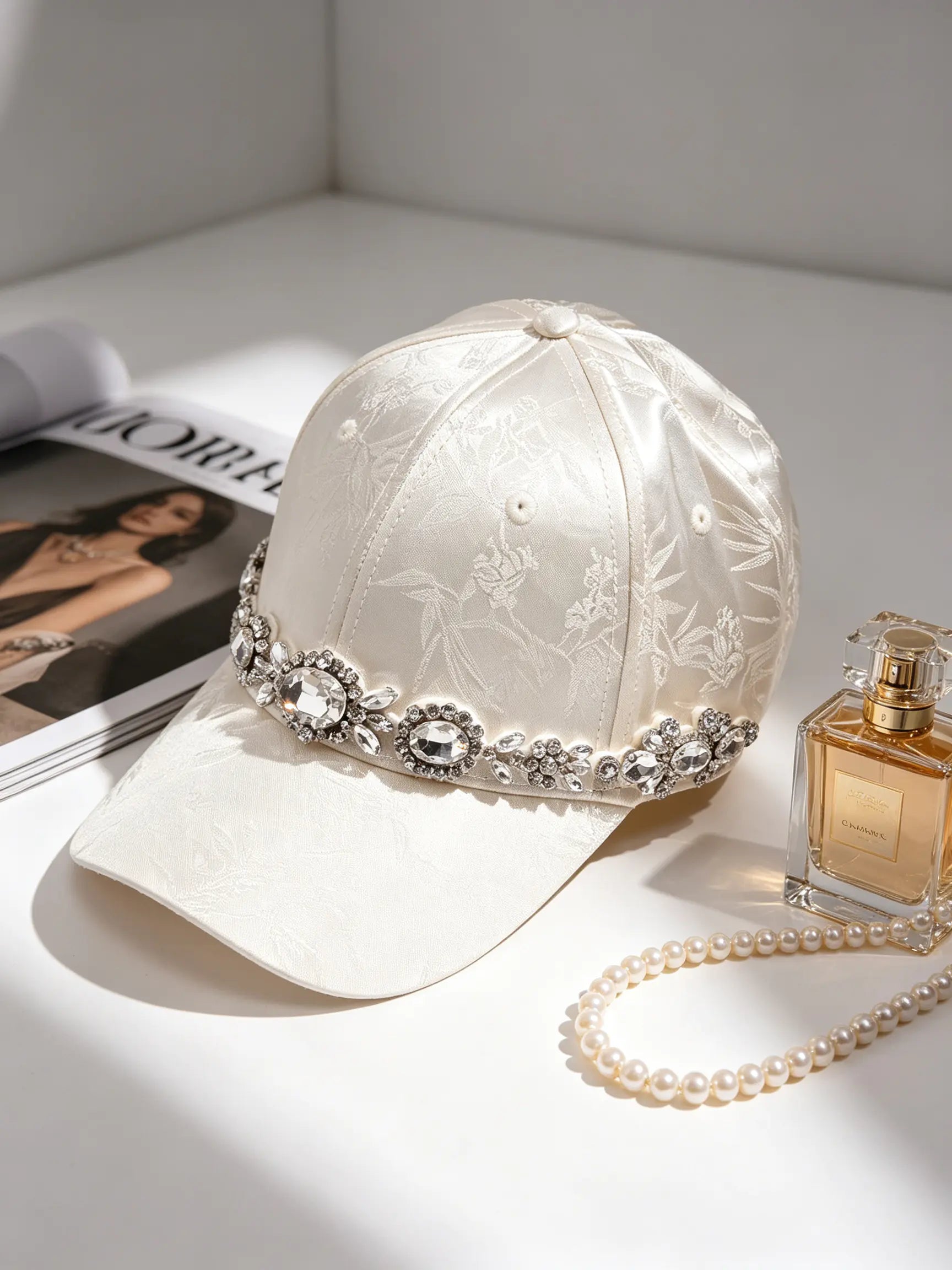 An off-white satin baseball cap with a floral jacquard pattern and a decorative silver rhinestone band around the crown, styled on a white surface next to a perfume bottle, a pearl necklace, and a magazine. TCH Luxury Crystal Embellished Floral Jacquard Baseball Cap