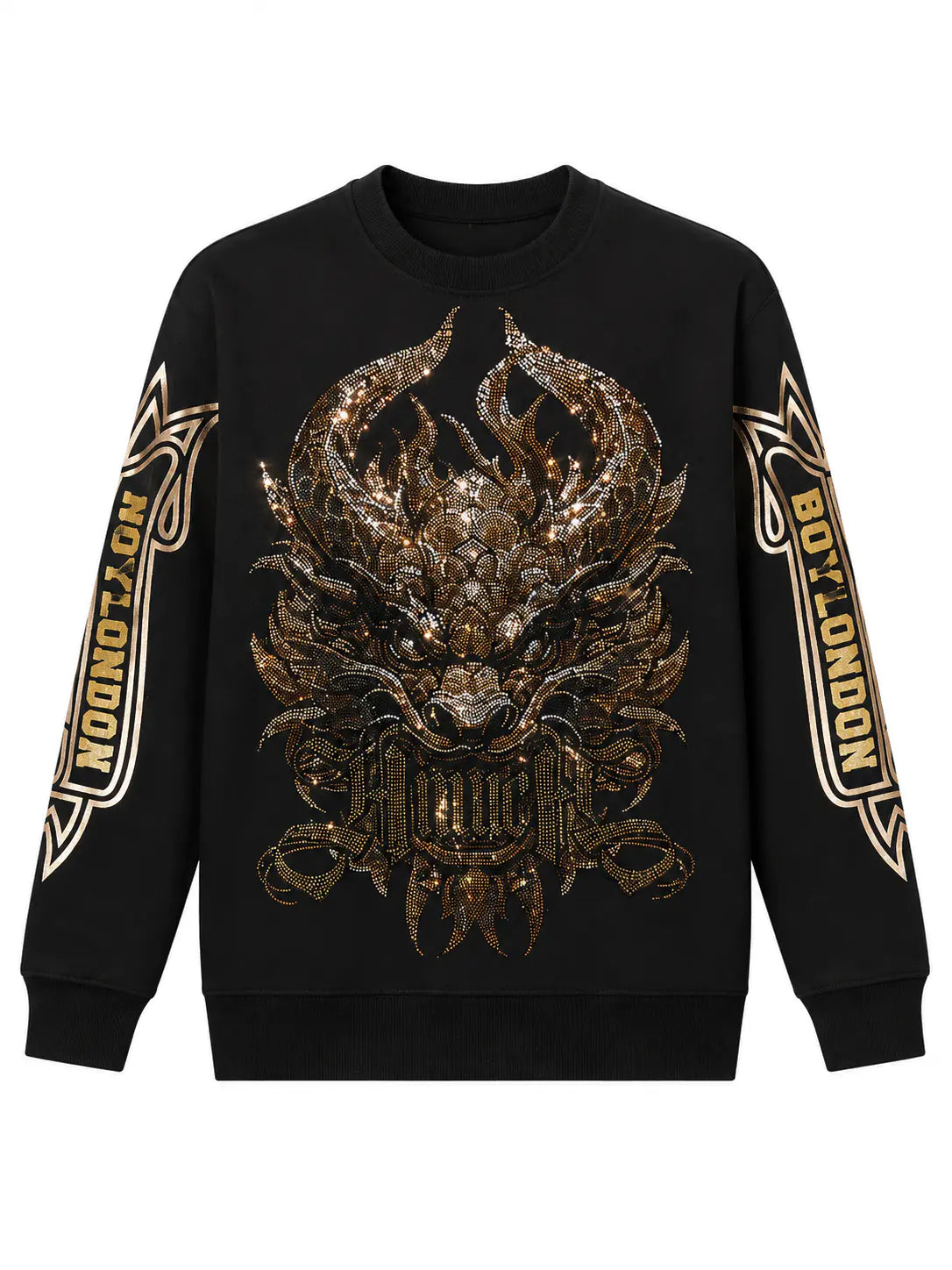A black crewneck sweatshirt featuring a large metallic bronze dragon graphic on the front, with gold and black 'BOY LONDON' branding printed down both sleeves. TCH Luxury Gold Dragon Rhinestone Graphic Black Sweatshirt