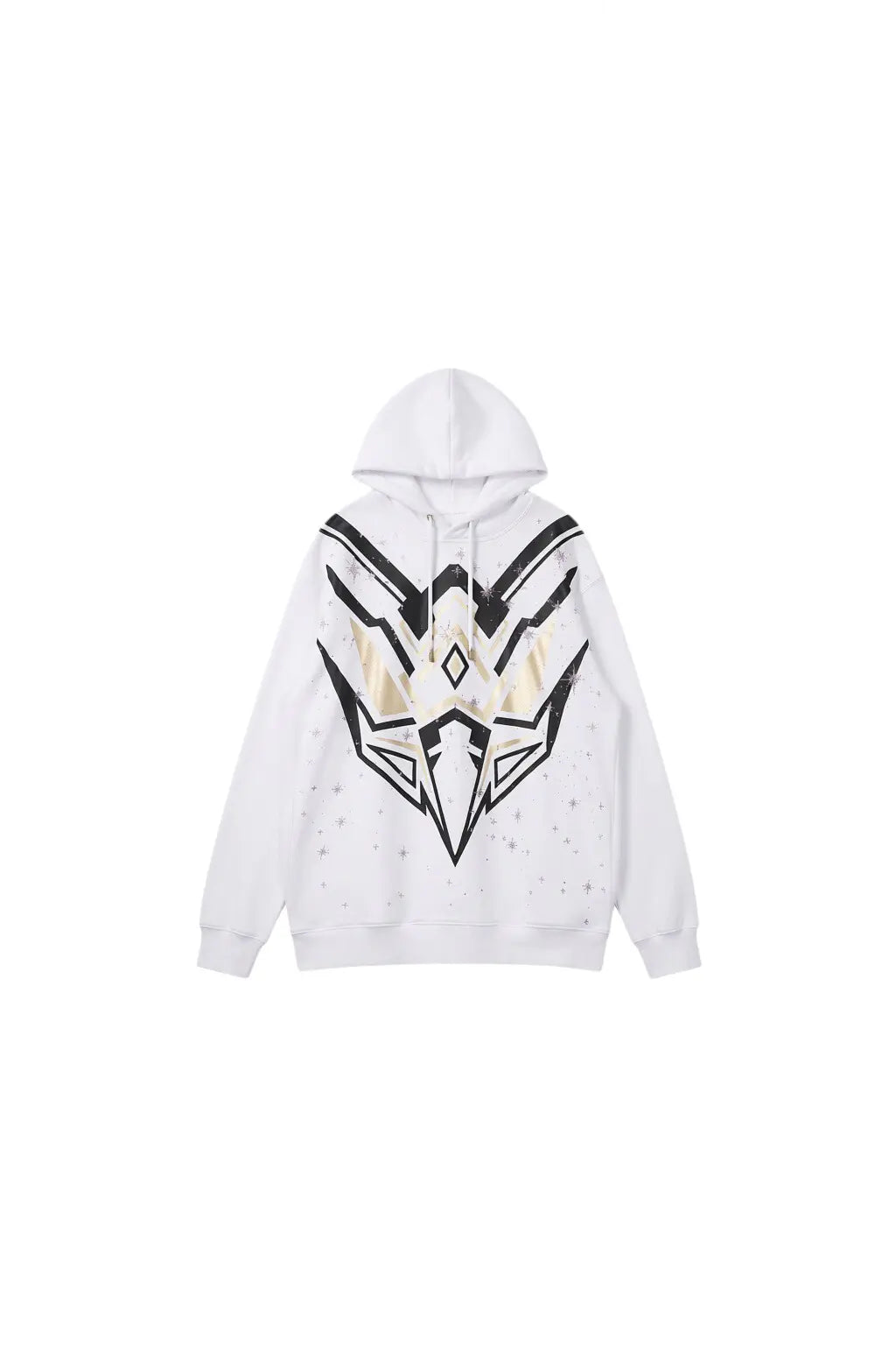 White hoodie with black and gold geometric design on a white background, TCH Mech Graphic Rhinestone Crew Neck Sweatshirt