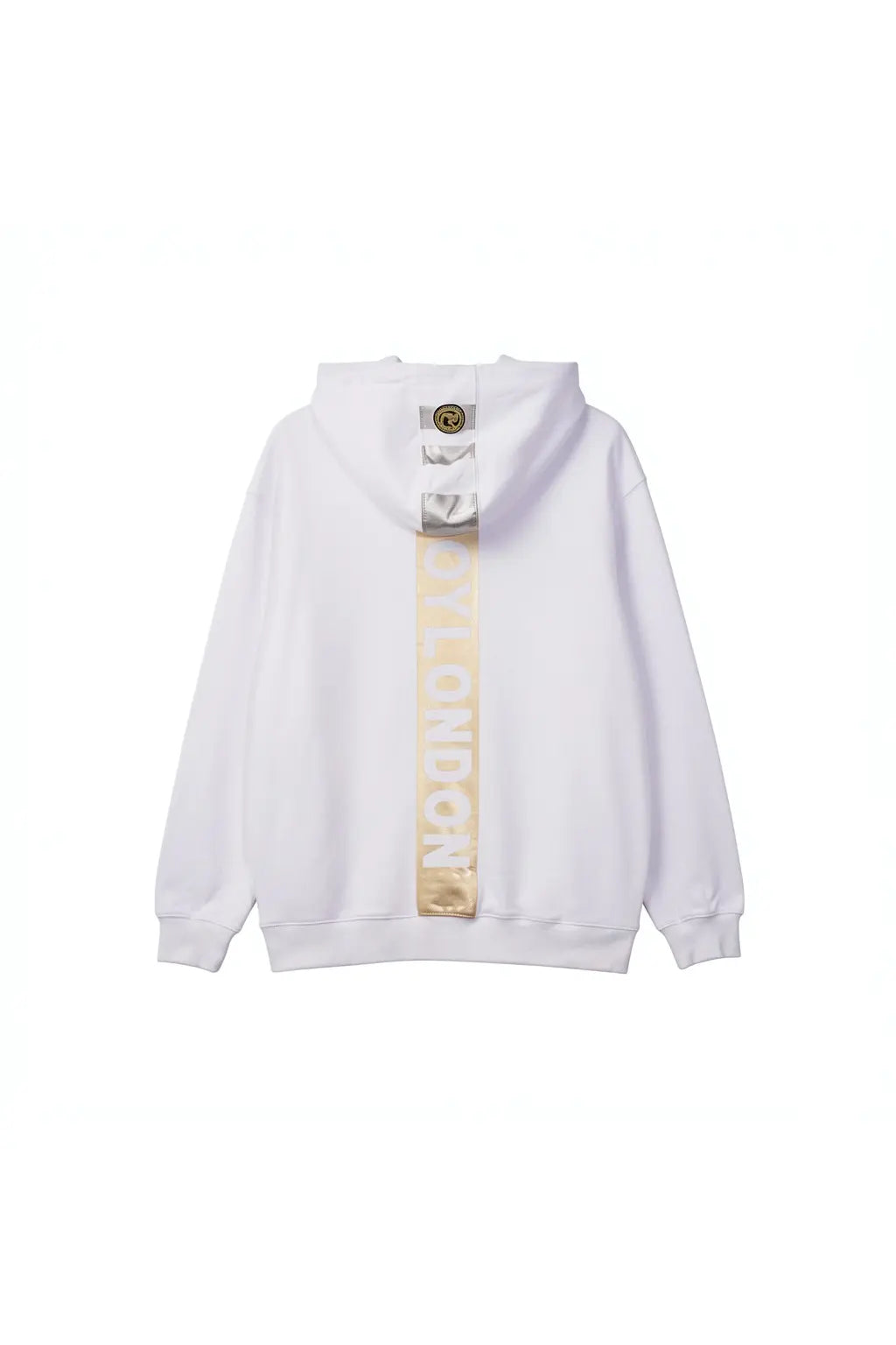 White hoodie with gold text on a white background, TCH Mech Graphic Rhinestone Crew Neck Sweatshirt