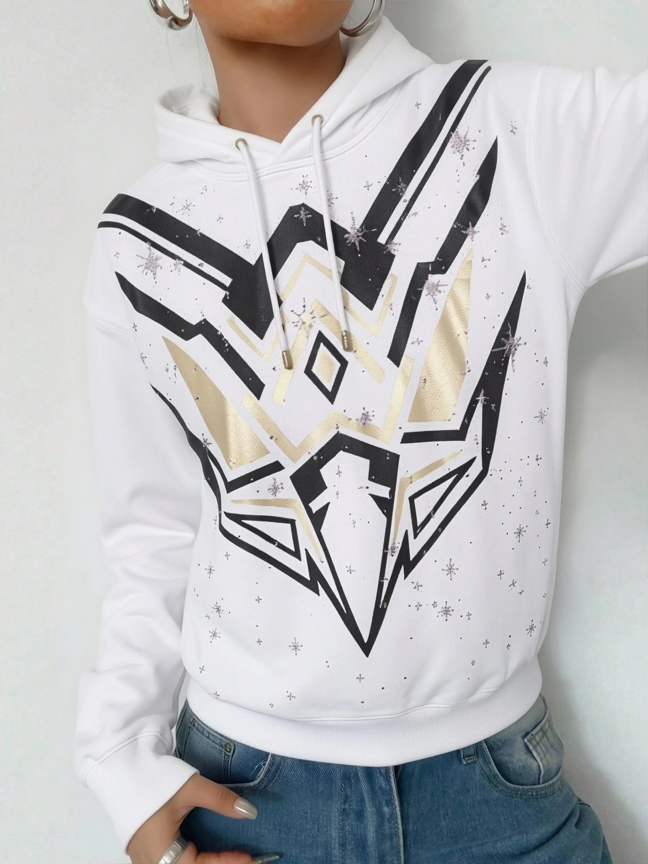 White hoodie with black and gold geometric design worn by a person on a plain background, TCH Mech Graphic Rhinestone Crew Neck Sweatshirt