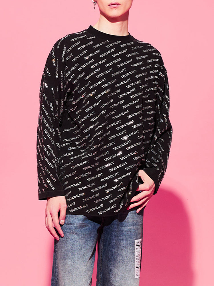 tch men's letter rhinestone long sleeve top black HighEnd Luxury Streetwear Brand Official Showcase