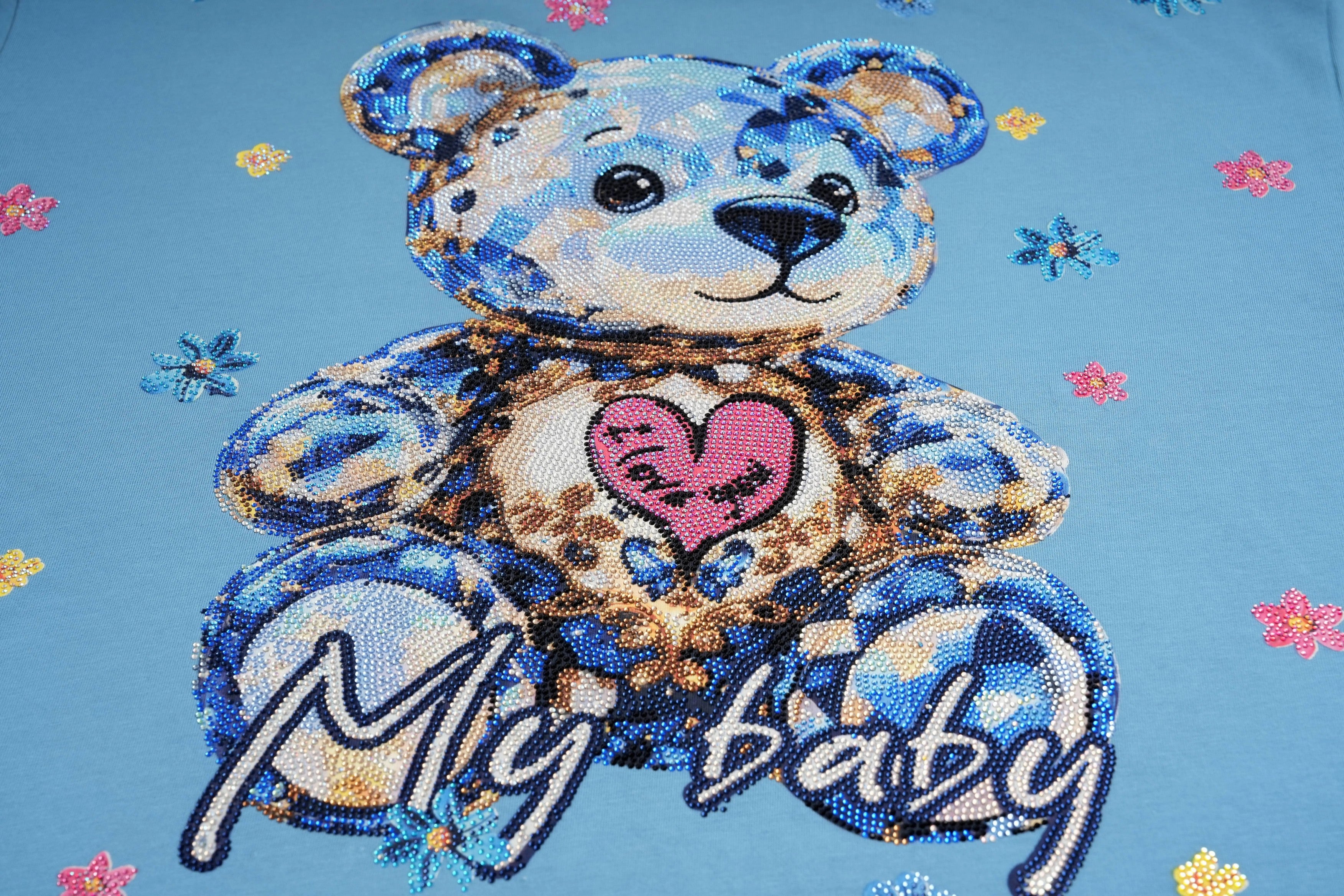 Decorative teddy bear with sequins on a blue background, TCH My Baby Rhinestone Bear Oversized Blue T-Shirt