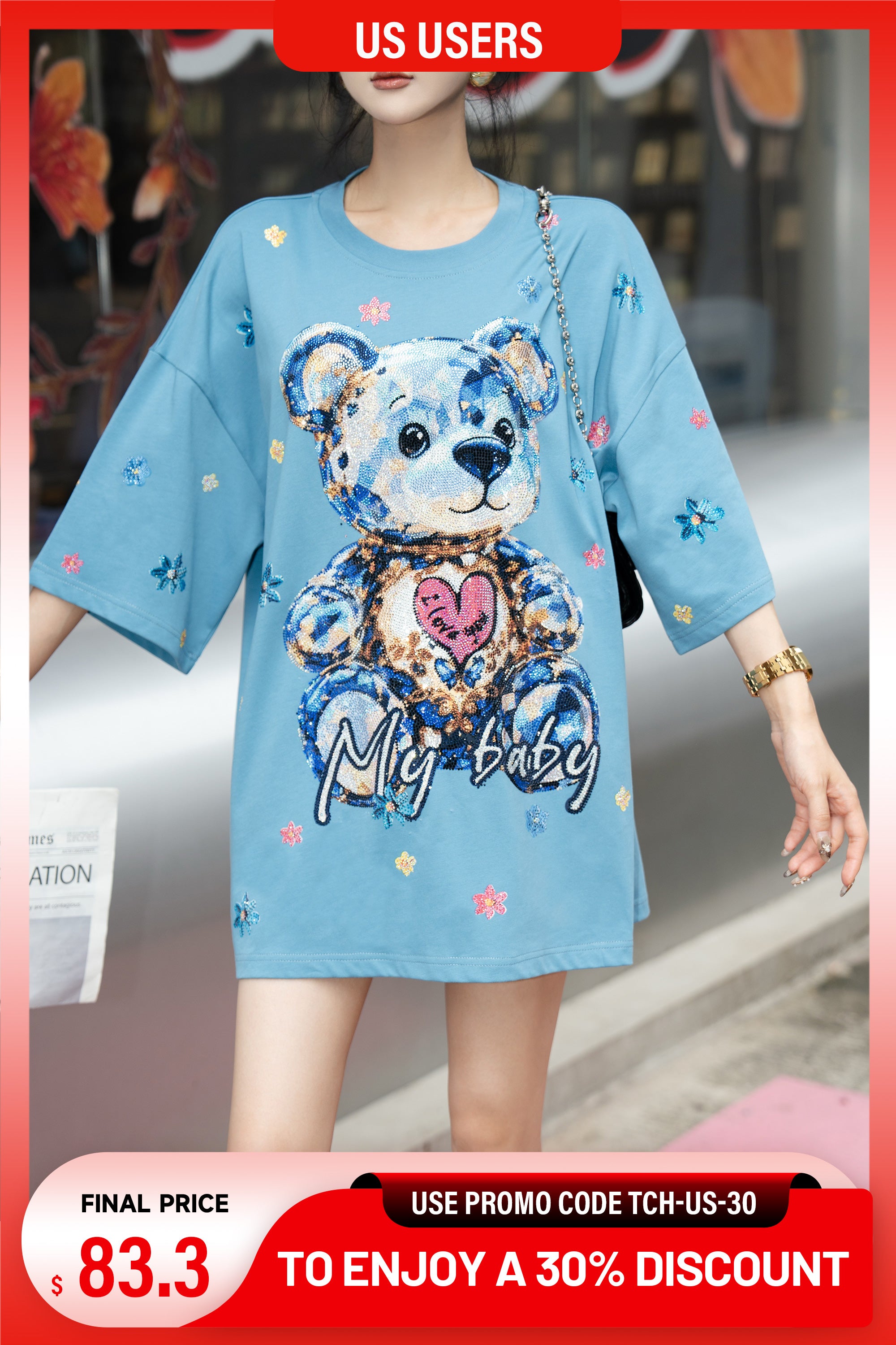 Light blue dress with teddy bear design worn by a model, with promotional text overlay. TCH My Baby Rhinestone Bear Oversized Blue T-Shirt