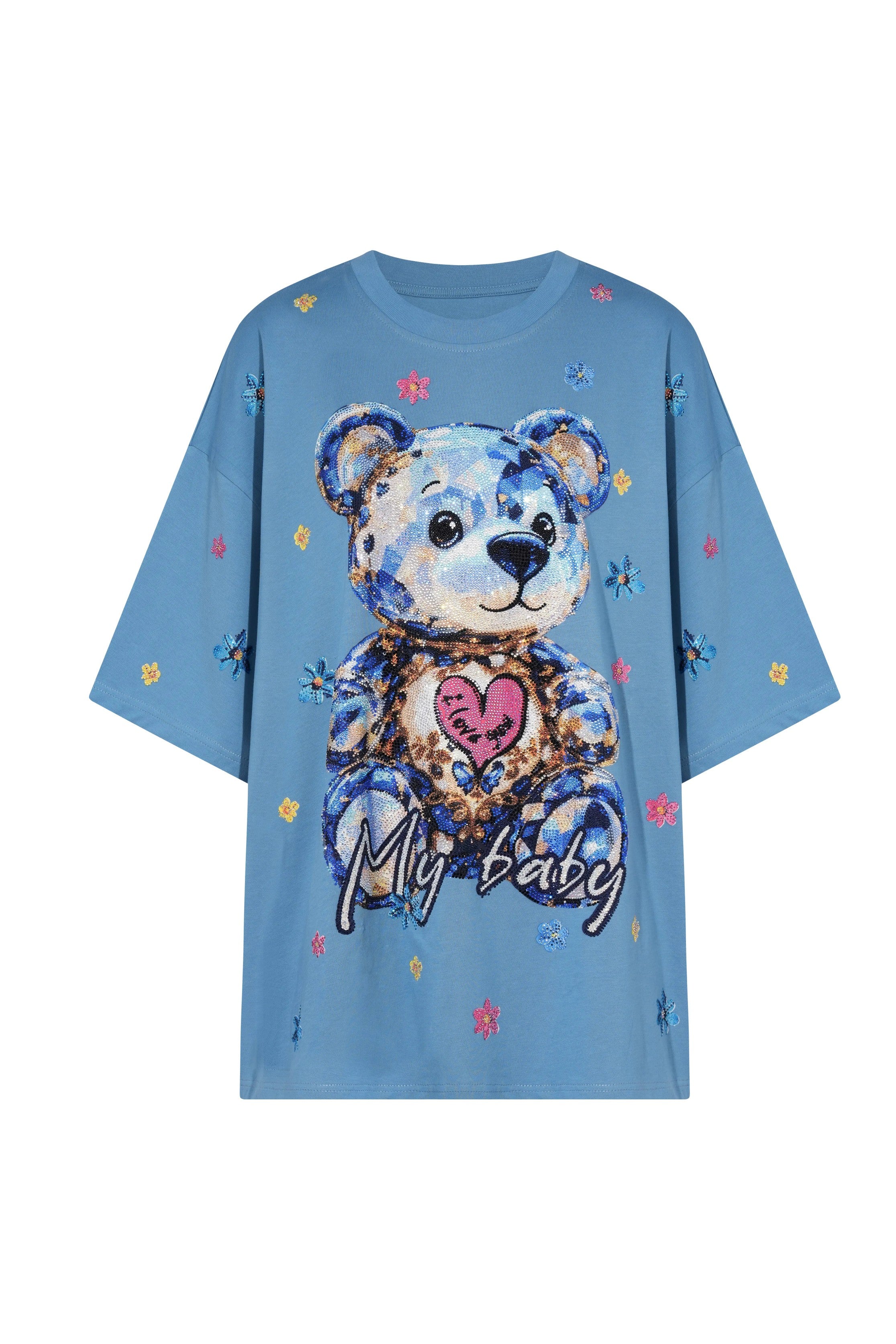 Blue t-shirt with a teddy bear graphic and 'My baby' text on a white background, TCH My Baby Rhinestone Bear Oversized Blue T-Shirt