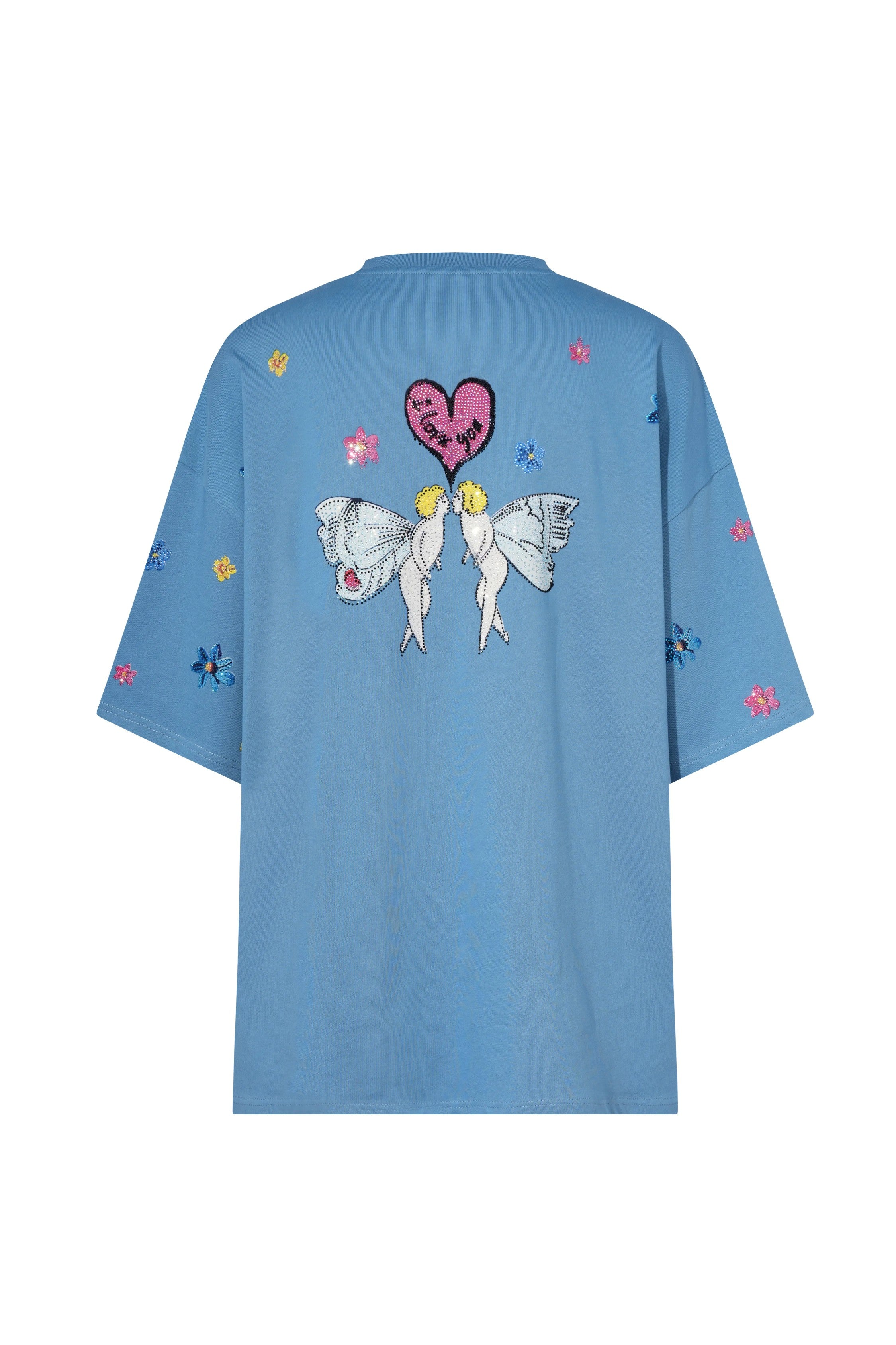 Blue t-shirt with graphic design on the back against a white background, TCH My Baby Rhinestone Bear Oversized Blue T-Shirt