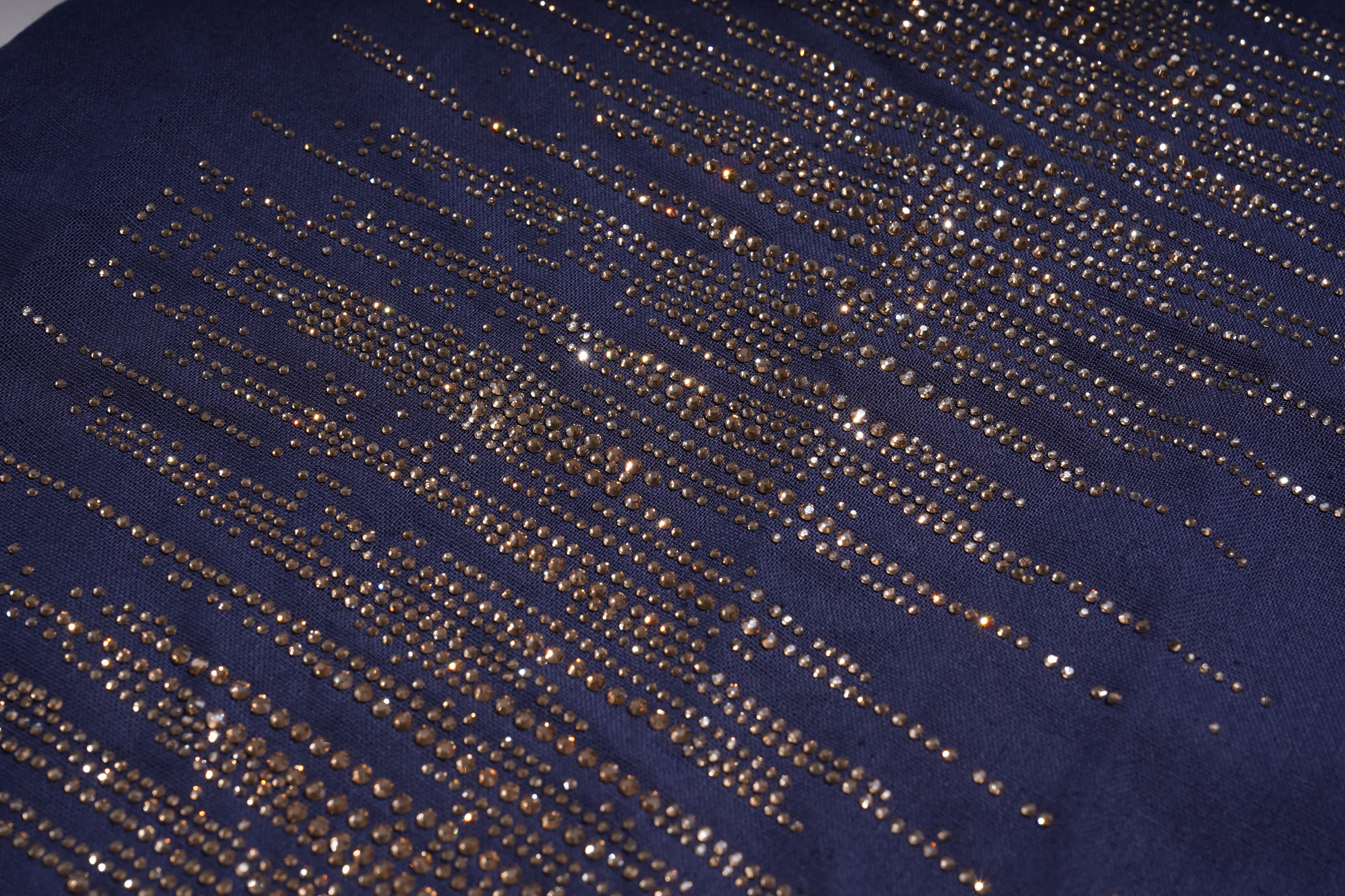Close-up of a navy blue fabric with gold embellishments, TCH Navy Rhinestone Dog Matching Set