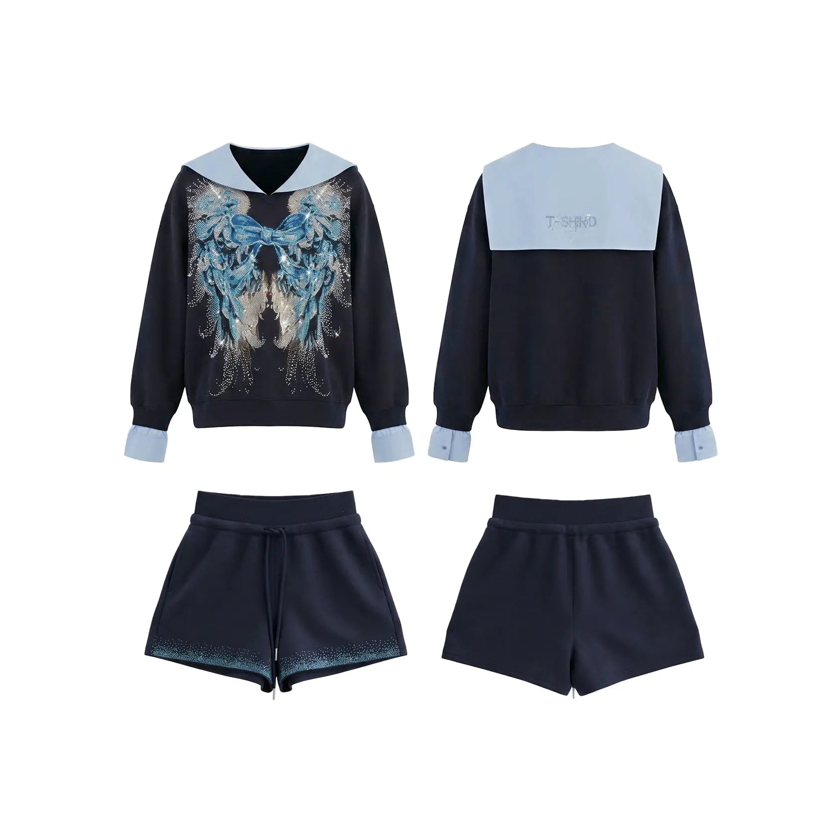 Black and blue outfit with a wolf design on a white background, TCH Navy Sailor Bow Wings Rhinestone Two-Piece Set