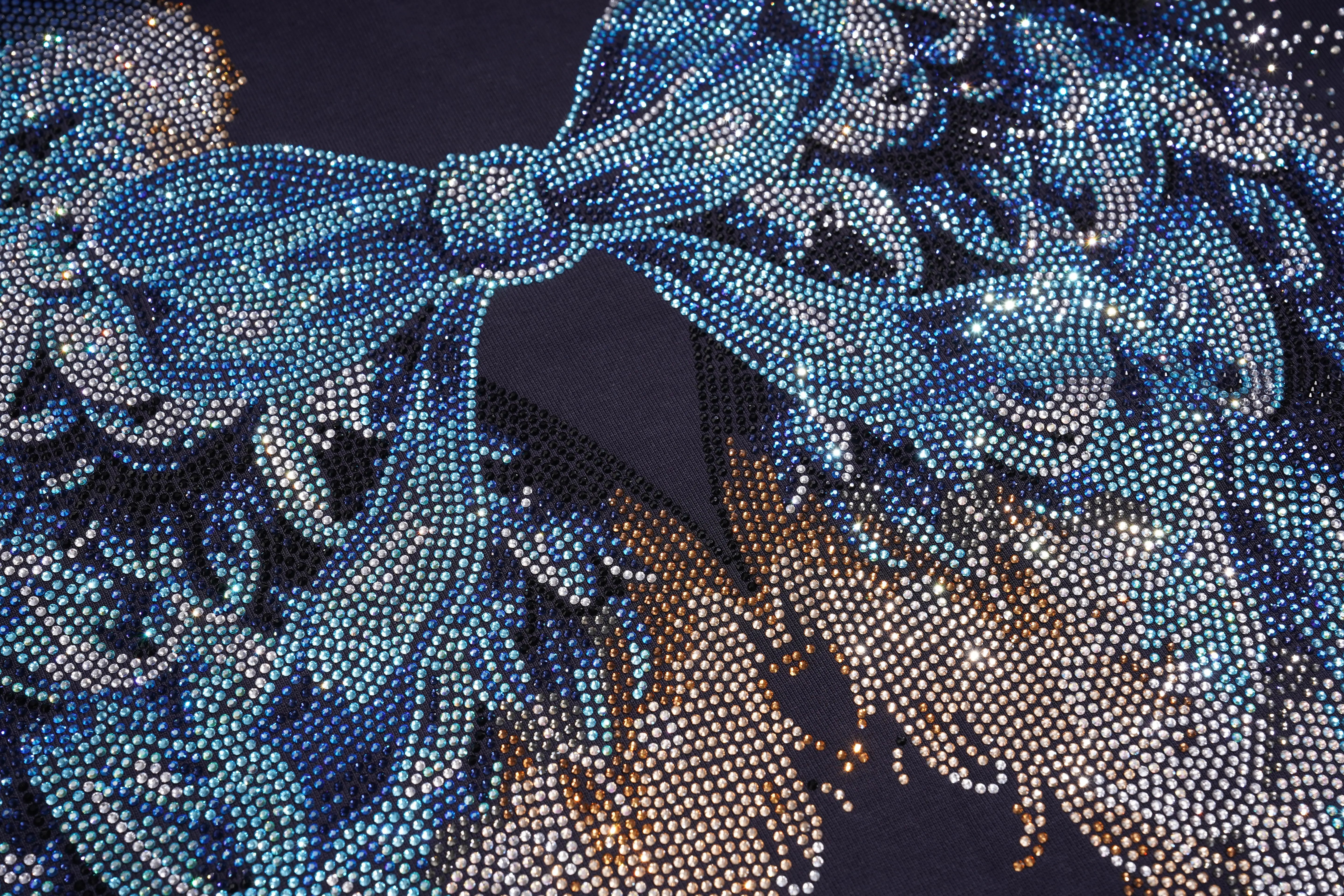 Close-up of a blue and gold floral pattern on a dark background, TCH Navy Sailor Bow Wings Rhinestone Two-Piece Set