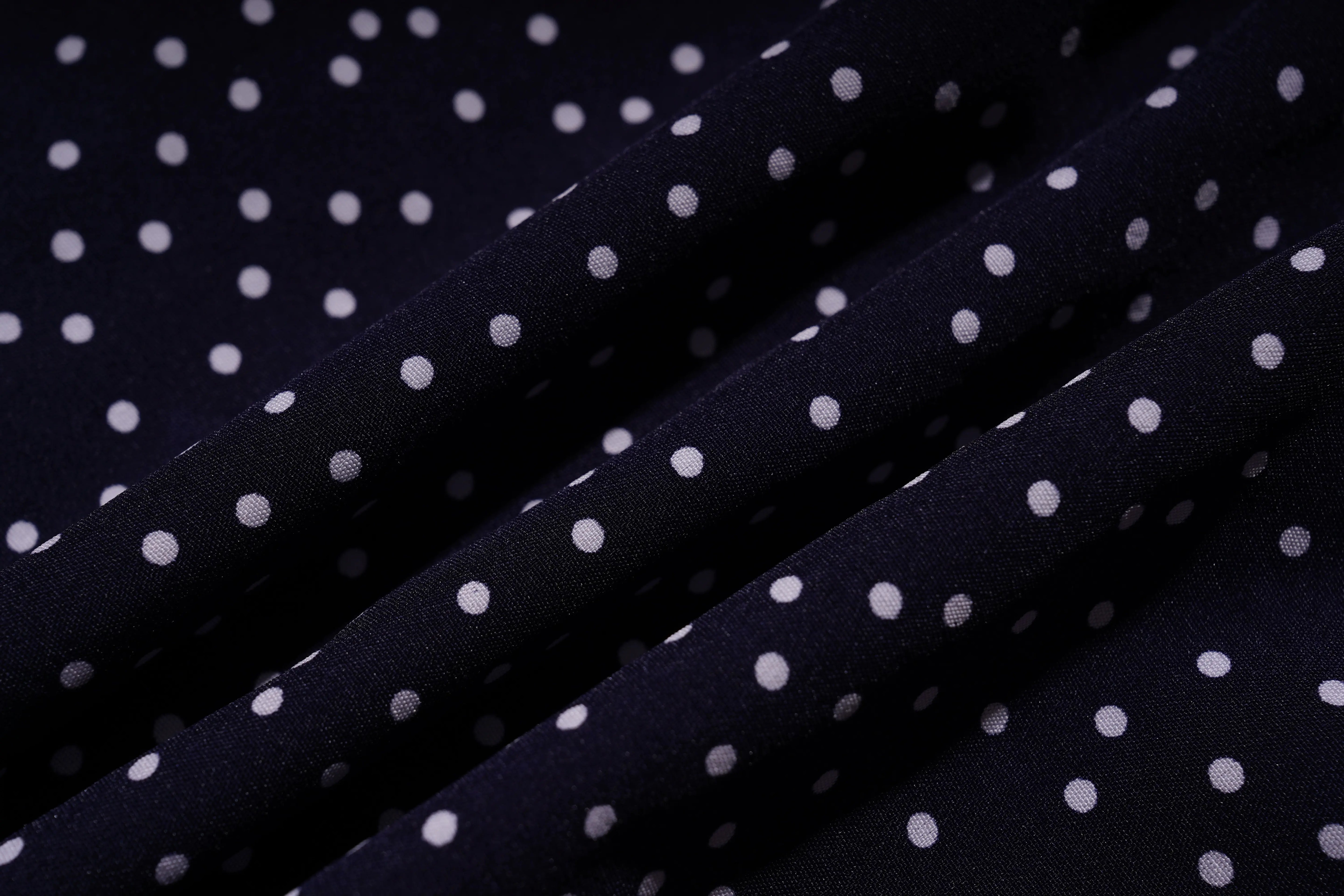 Navy blue fabric with white polka dots, TCH Navy Teddy Bear Bow Rhinestone Dress