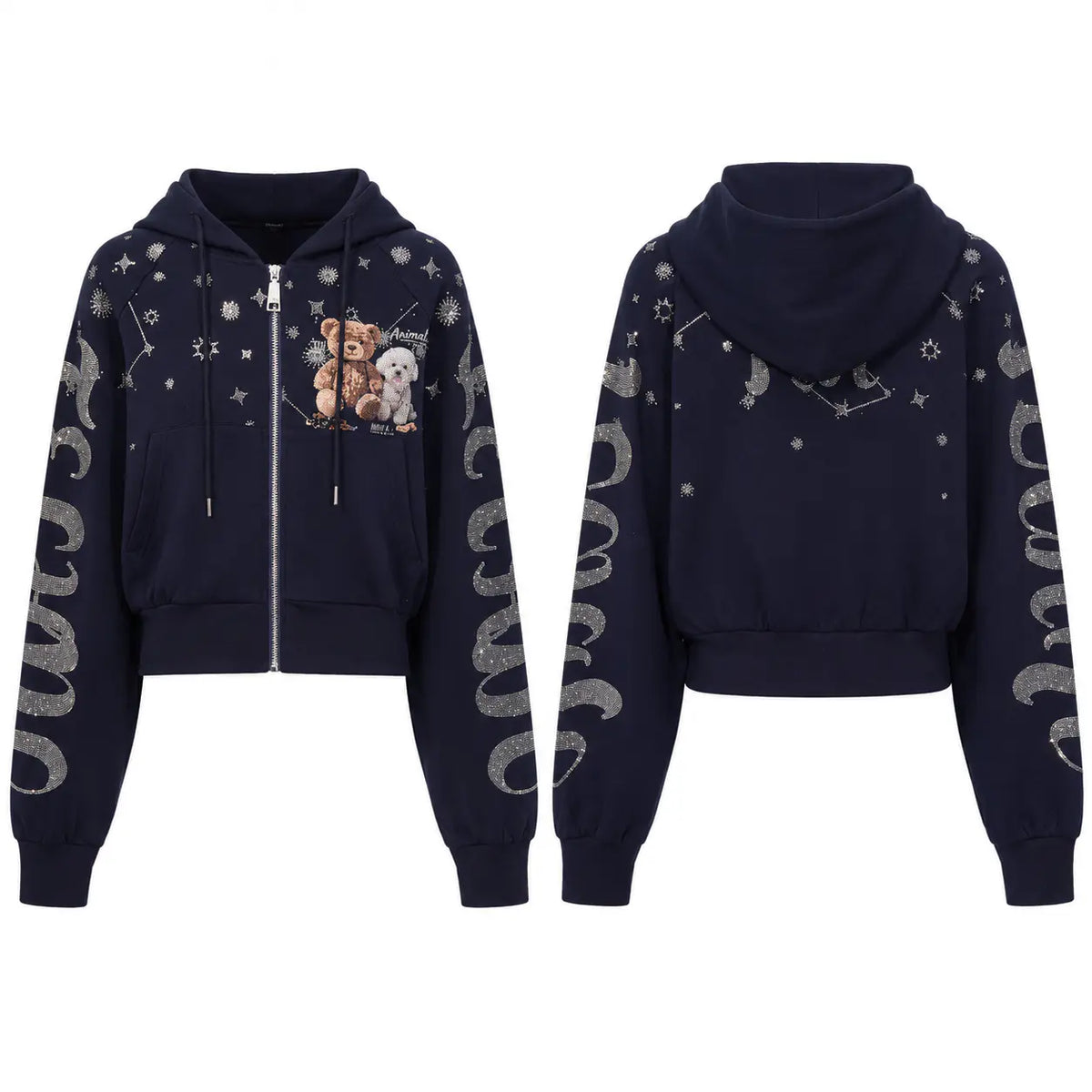 A navy blue cropped zip-up hoodie shown from both front and back views. The hoodie features a graphic of two teddy bears on the front pocket, silver glittery moon and star patterns, and silver glittery snake designs down the sleeves. TCH Navy Teddy Bear Rhinestone Zip Hoodie