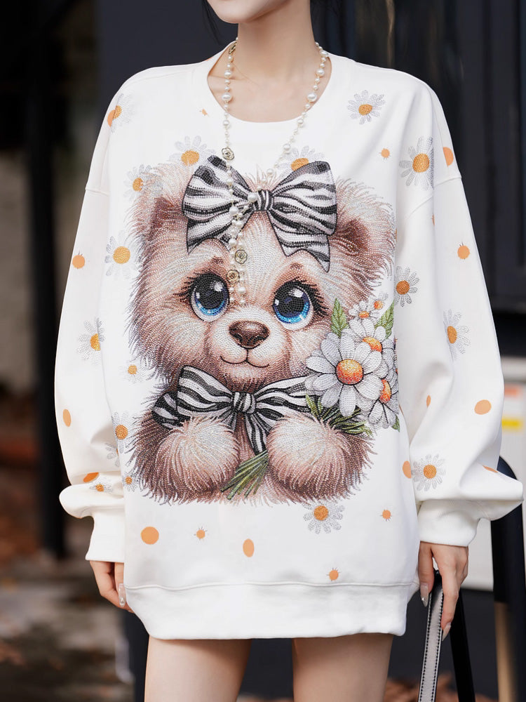 tch oversized teddy bear rhinestone flower sweatshirt white HighEnd Luxury Streetwear Brand Official Showcase