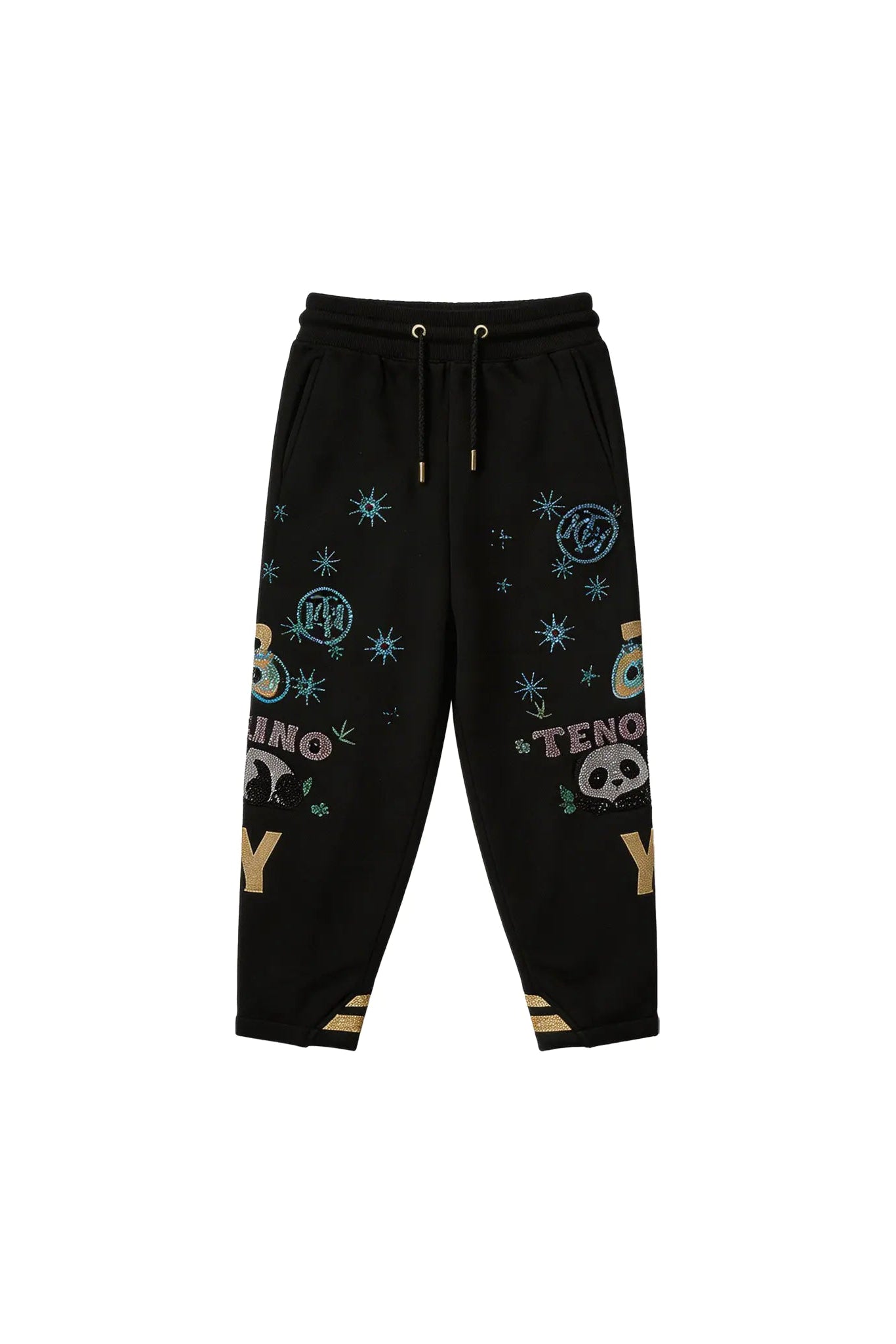 Black pants with colorful designs on a white background, TCH Panda Rhinestone Black Jogger Pants