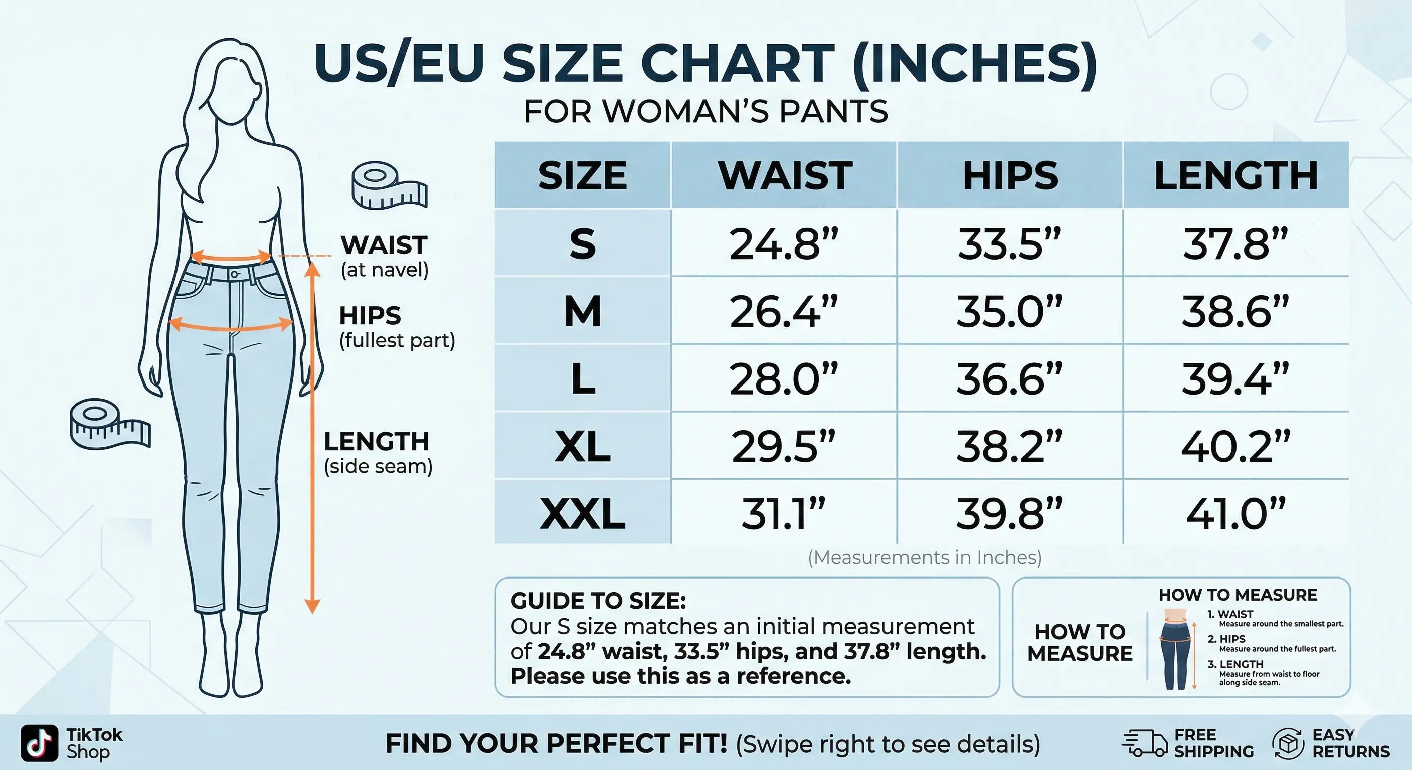 US/EU size chart for women's pants in inches with a visual of a woman and measurements. TCH Panda Rhinestone Black Jogger Pants Luxury Streetwear Brand Official Showcase