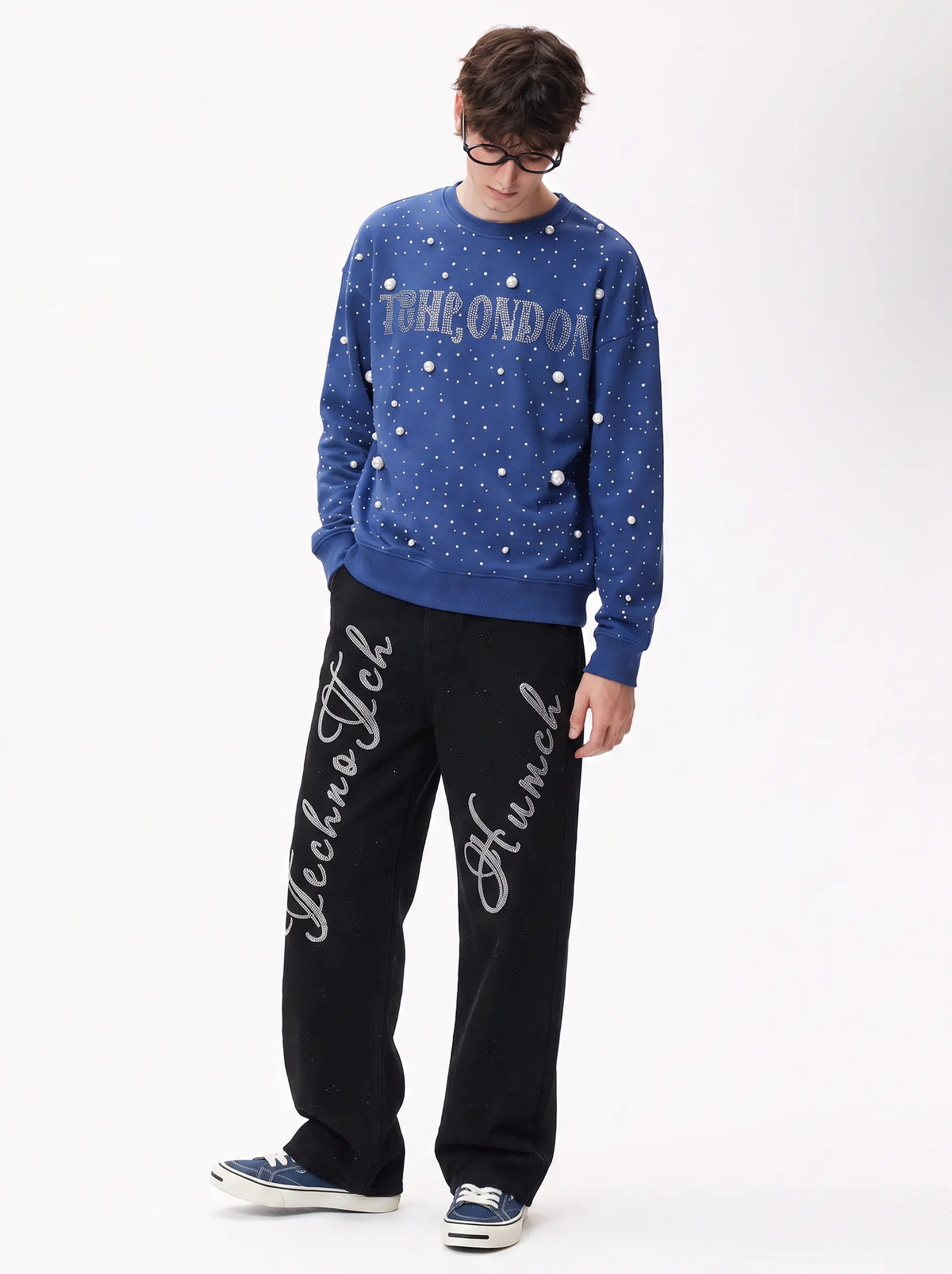 TCH Pearl Embellished Blue Sweatshirt Luxury Streetwear Brand Official Showcase