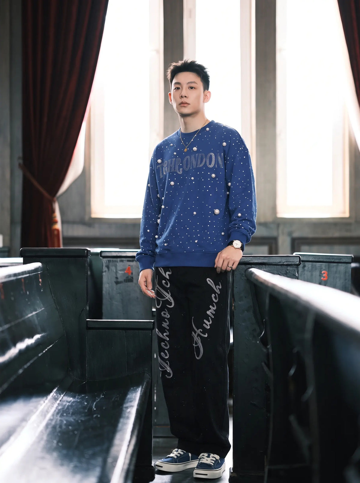 TCH Pearl Embellished Blue Sweatshirt Luxury Streetwear Brand Official Showcase