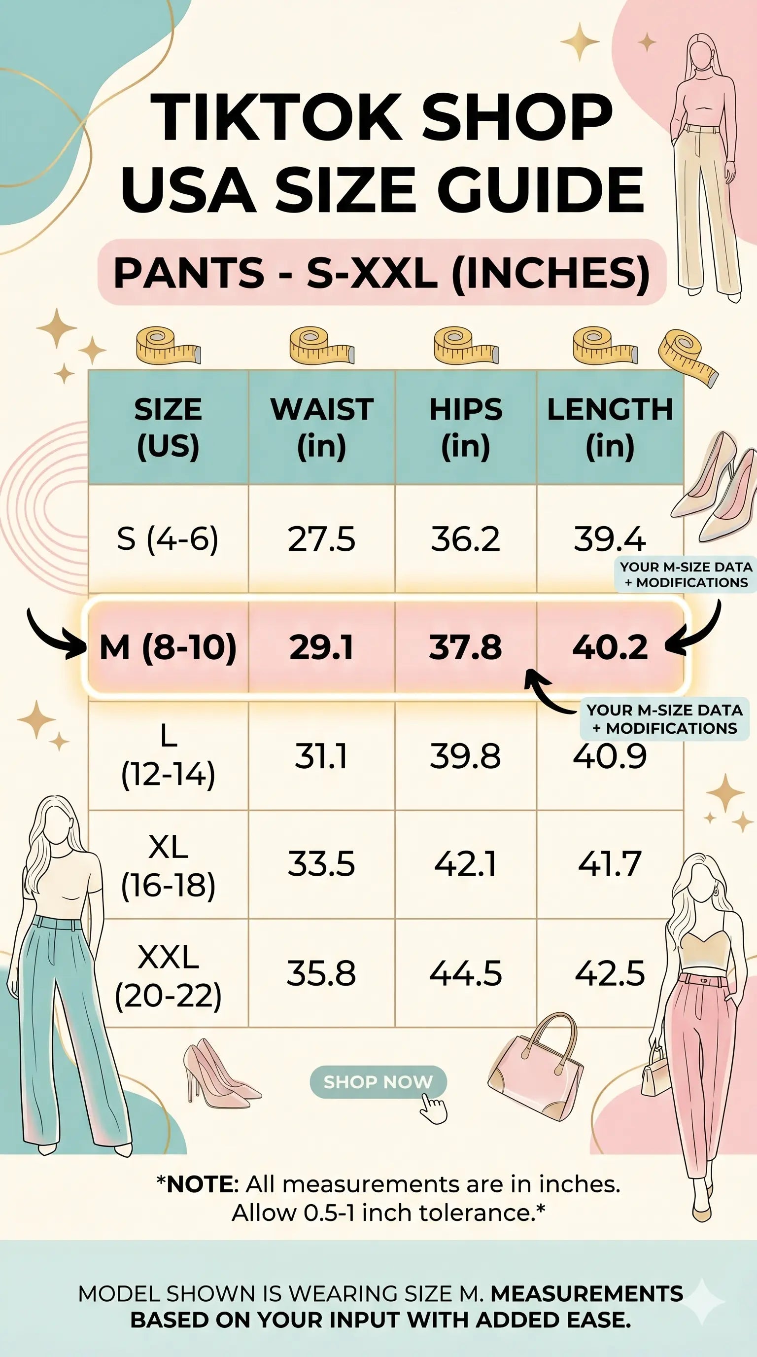 TikTok Shop USA Size Guide for pants with measurements in inches. TCH Pink Blossom Rhinestone Jogger Pants