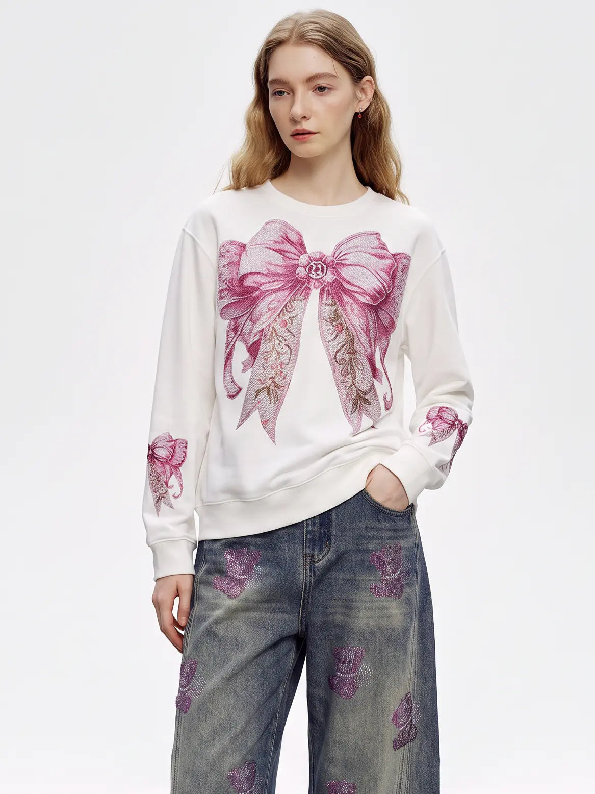 TCH Pink Bow Graphic Crewneck Sweatshirt Luxury Streetwear Brand Official Showcase