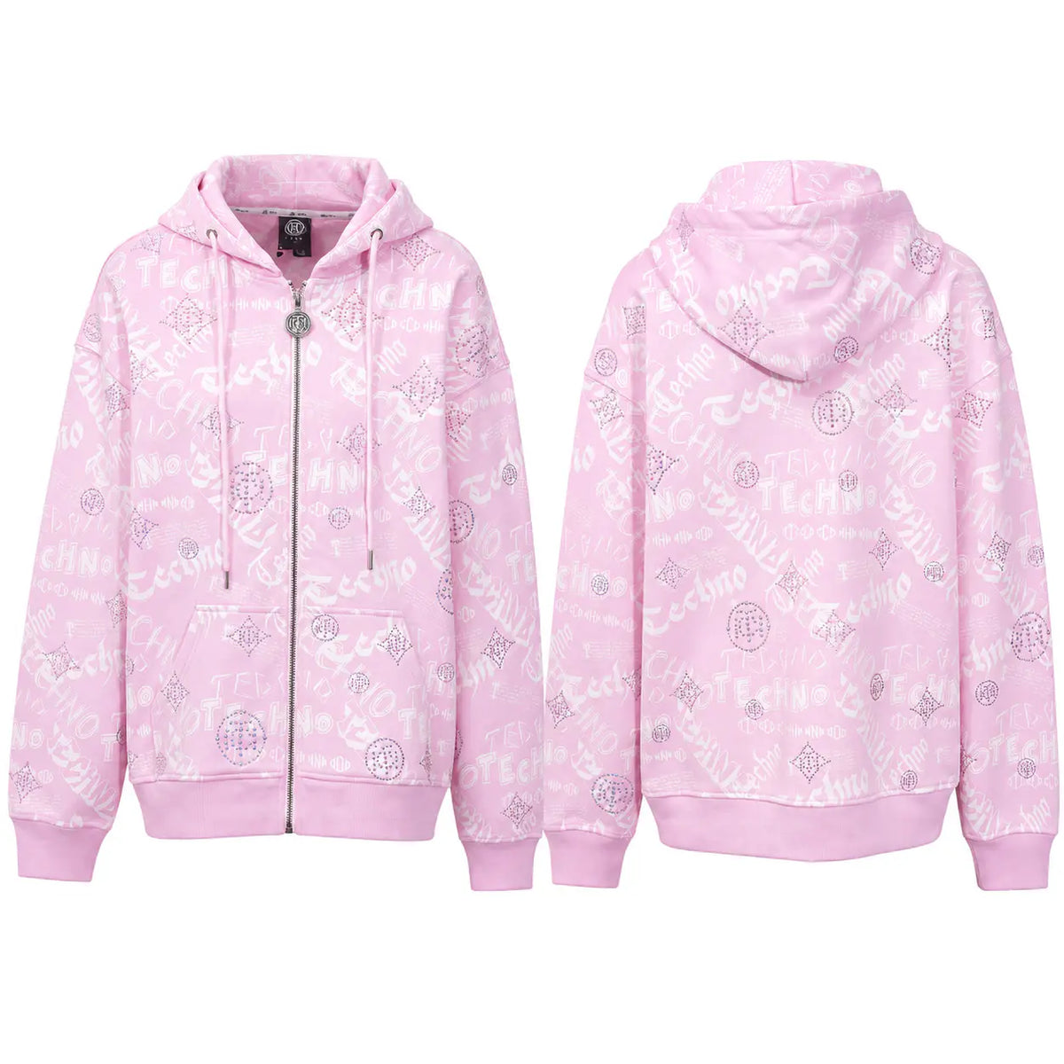A pink zip-up hoodie shown from both the front and back views. The hoodie features an all-over light pink and white graphic text pattern, a silver-tone metal zipper, a drawstring hood, and ribbed cuffs and hem. TCH Pink Monogram Graphic Zip Up Hoodie
