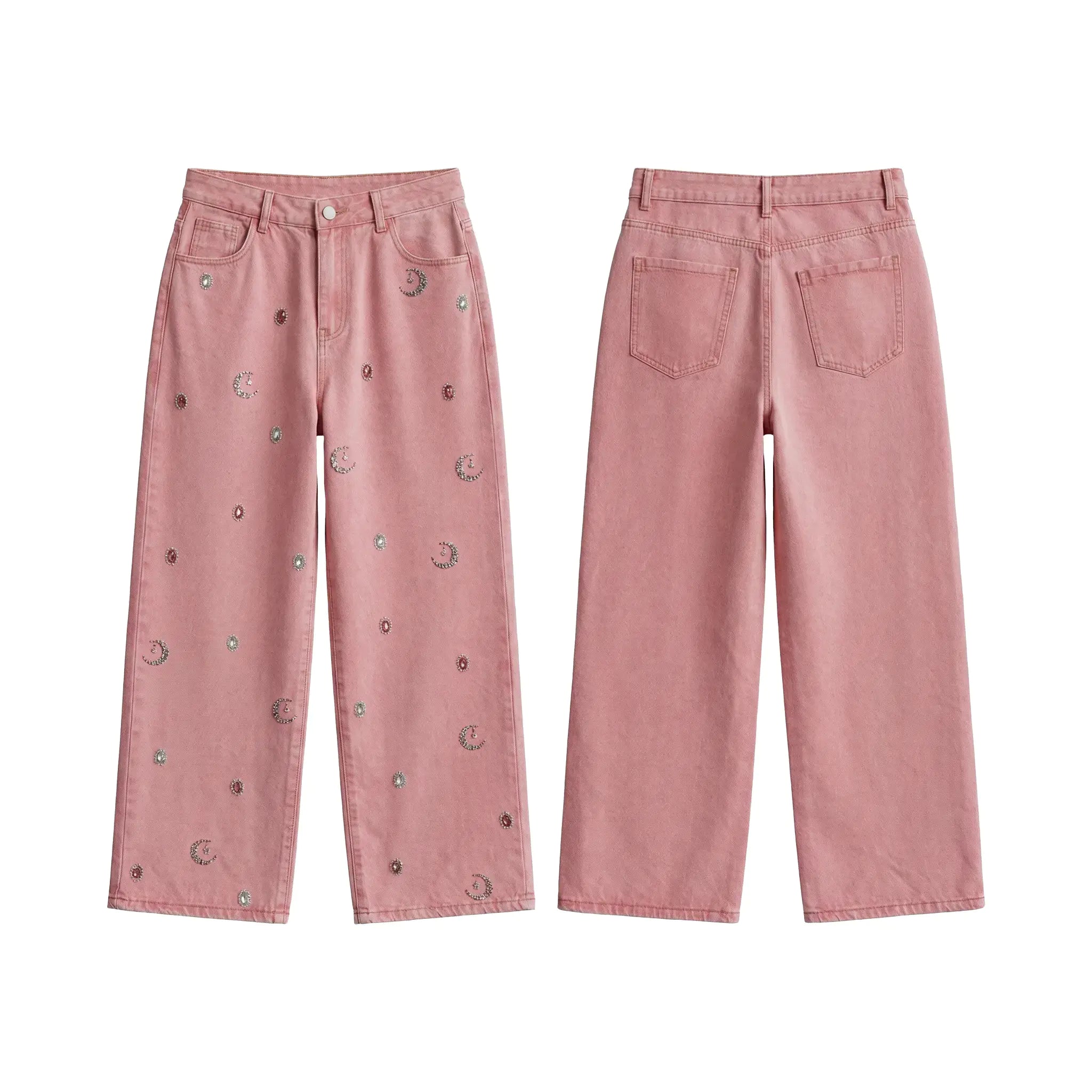 Pair of pink pants with decorative buttons on a white background, TCH Pink Moonlight Rhinestone Denim Jeans