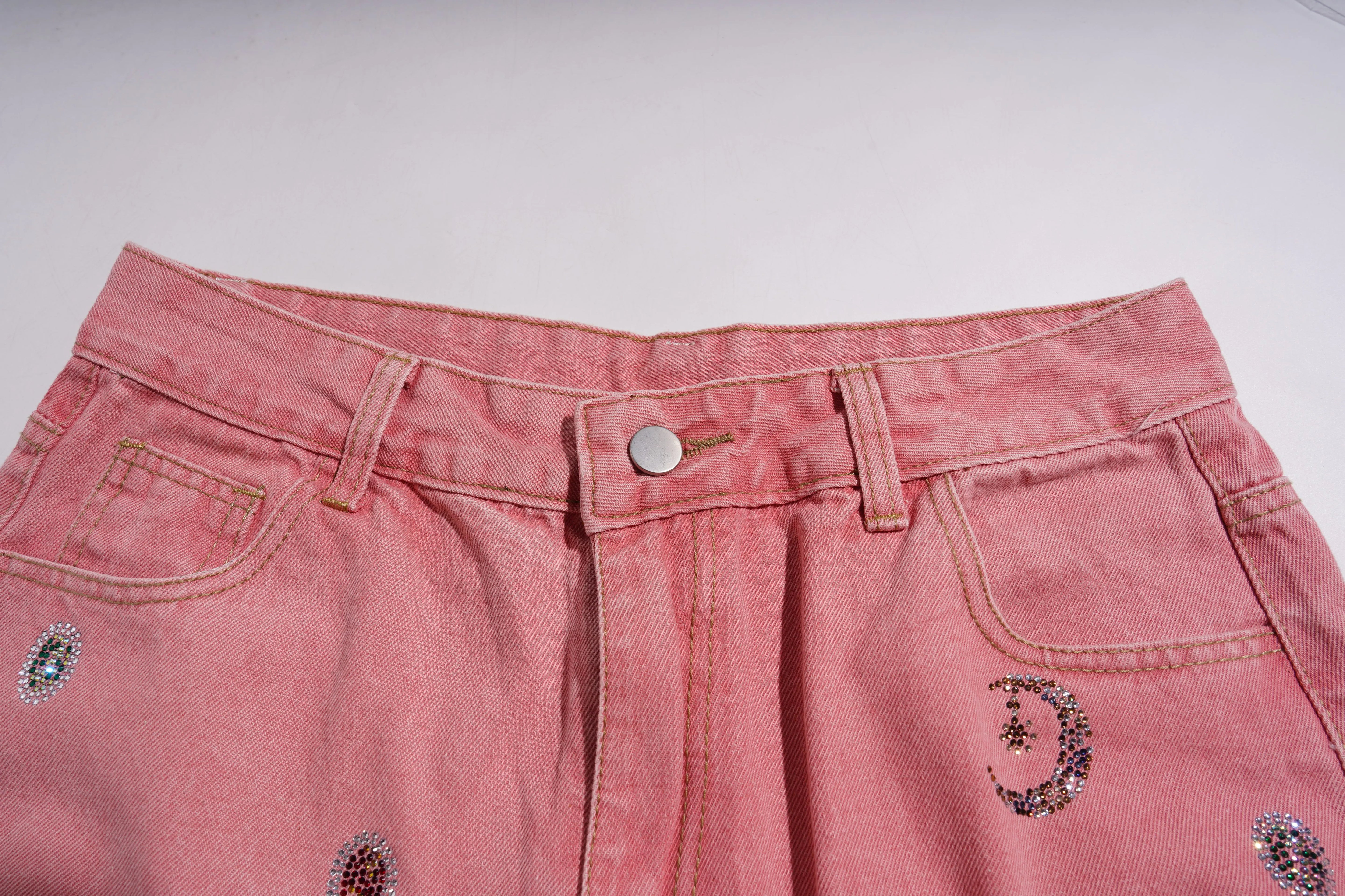 Pink pants with decorative elements on a white background, TCH Pink Moonlight Rhinestone Denim Jeans