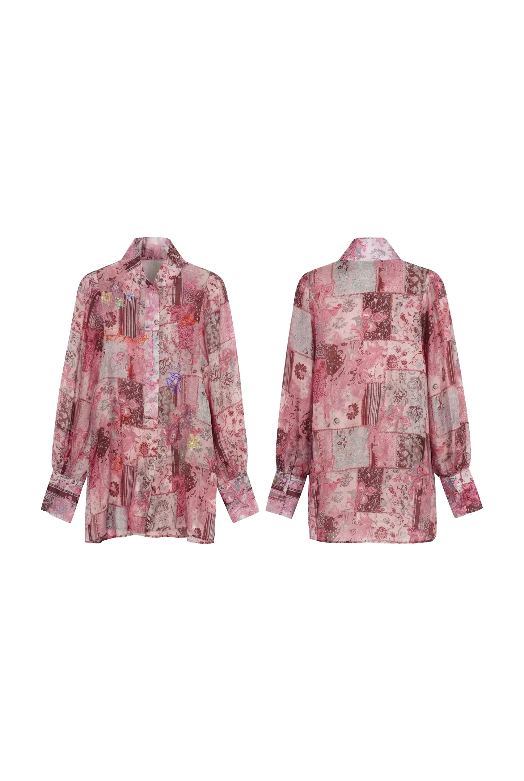 Two pink floral patterned shirts on a white background, TCH Pink Patchwork Rhinestone Floral Shirt