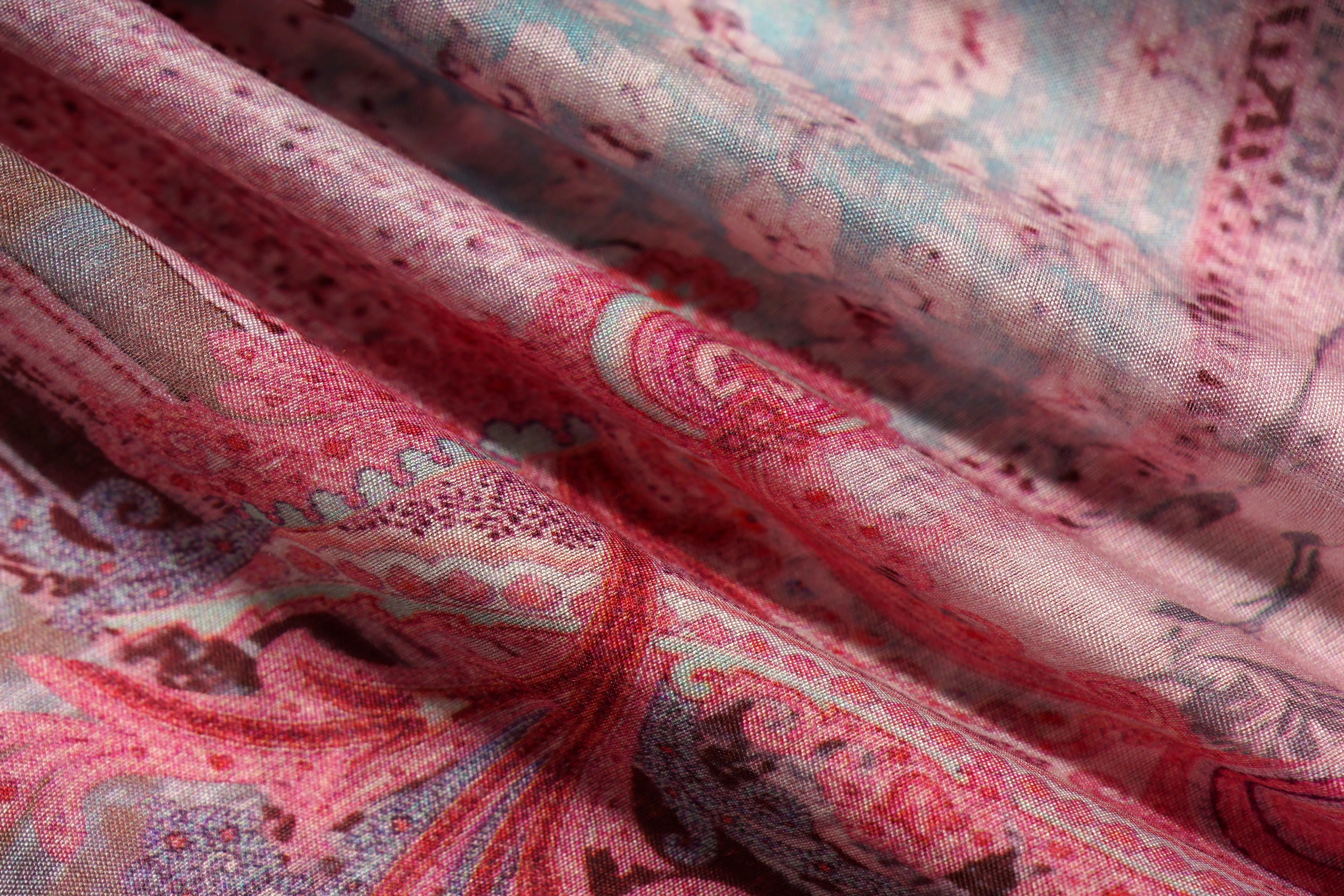 Close-up of pink and red patterned fabric, TCH Pink Patchwork Rhinestone Floral Shirt