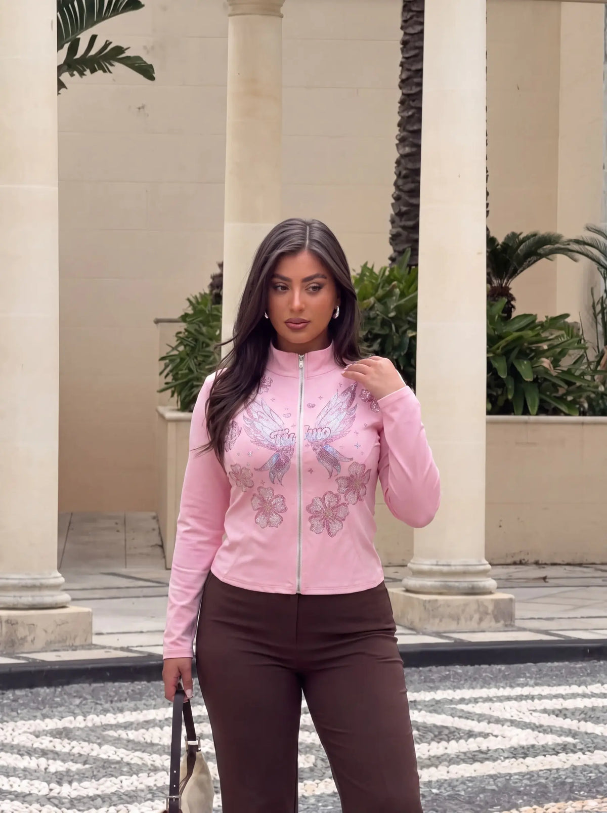 TCH Pink Rhinestone Angel Wings Floral Zip-Up Jacket Luxury Streetwear Brand Official Showcase