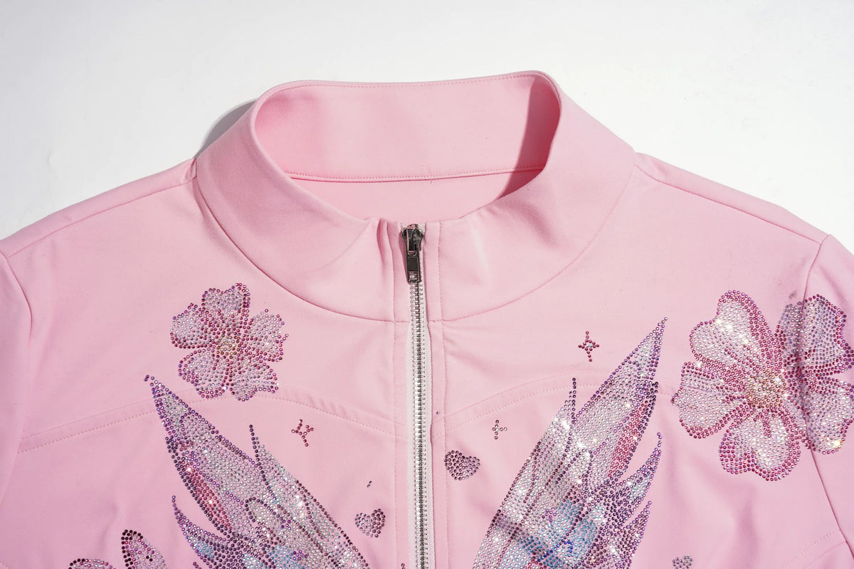 TCH Pink Rhinestone Angel Wings Floral Zip-Up Jacket Luxury Streetwear Brand Official Showcase
