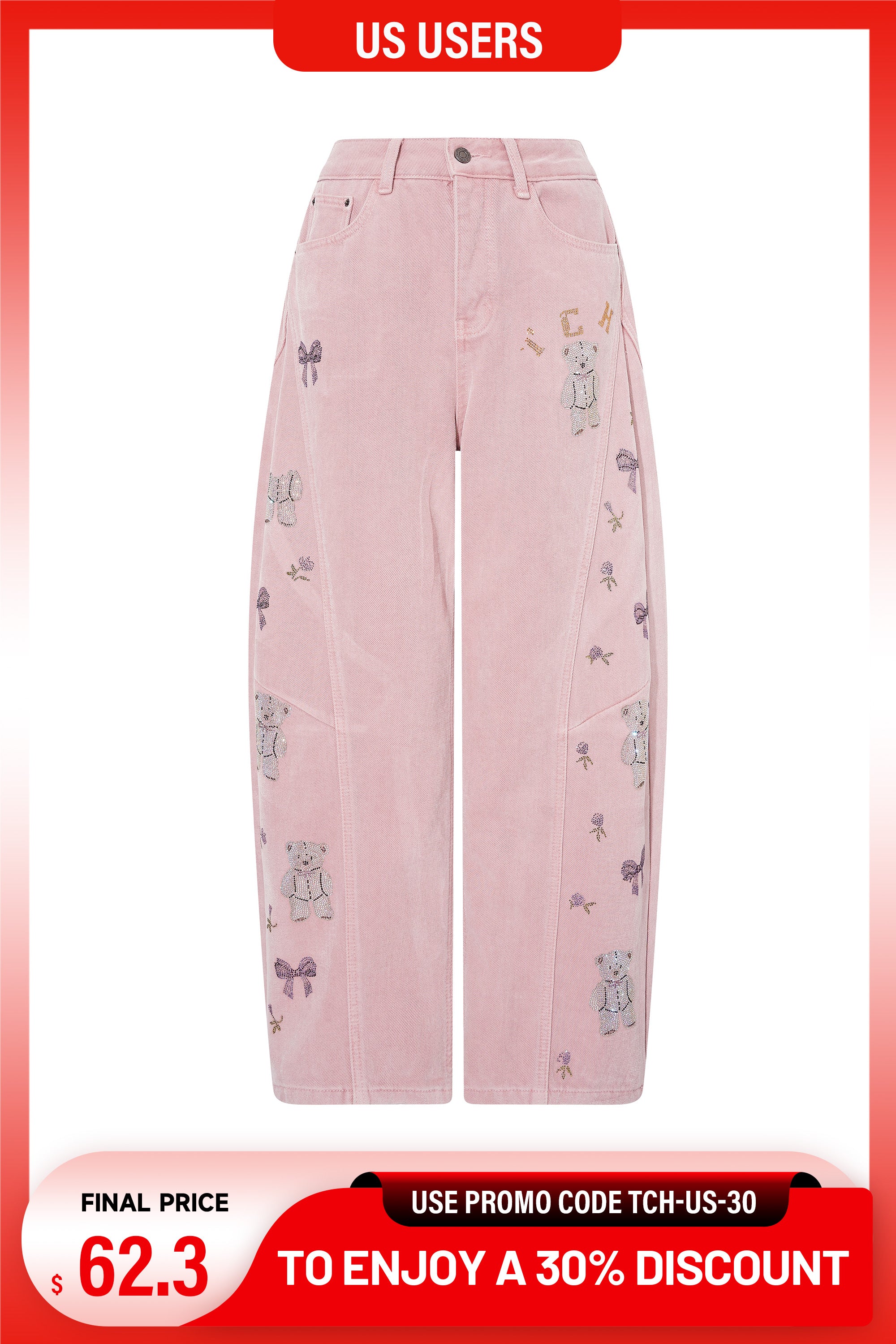 Pink jeans with embroidery on a white background, TCH Pink Rhinestone Bear & Floral Wide-Leg Pants