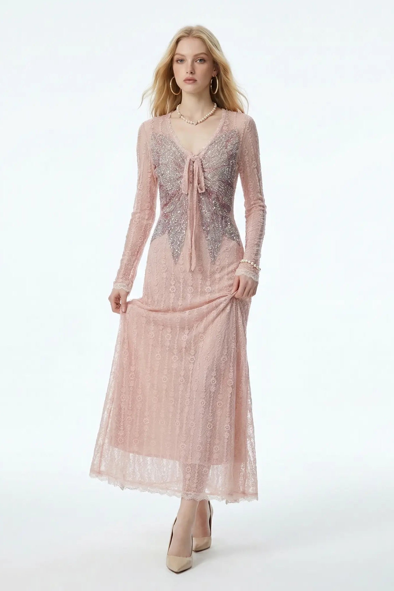 Woman wearing a pink lace dress on a white background, TCH Pink Rhinestone Bow Lace Layered Dress