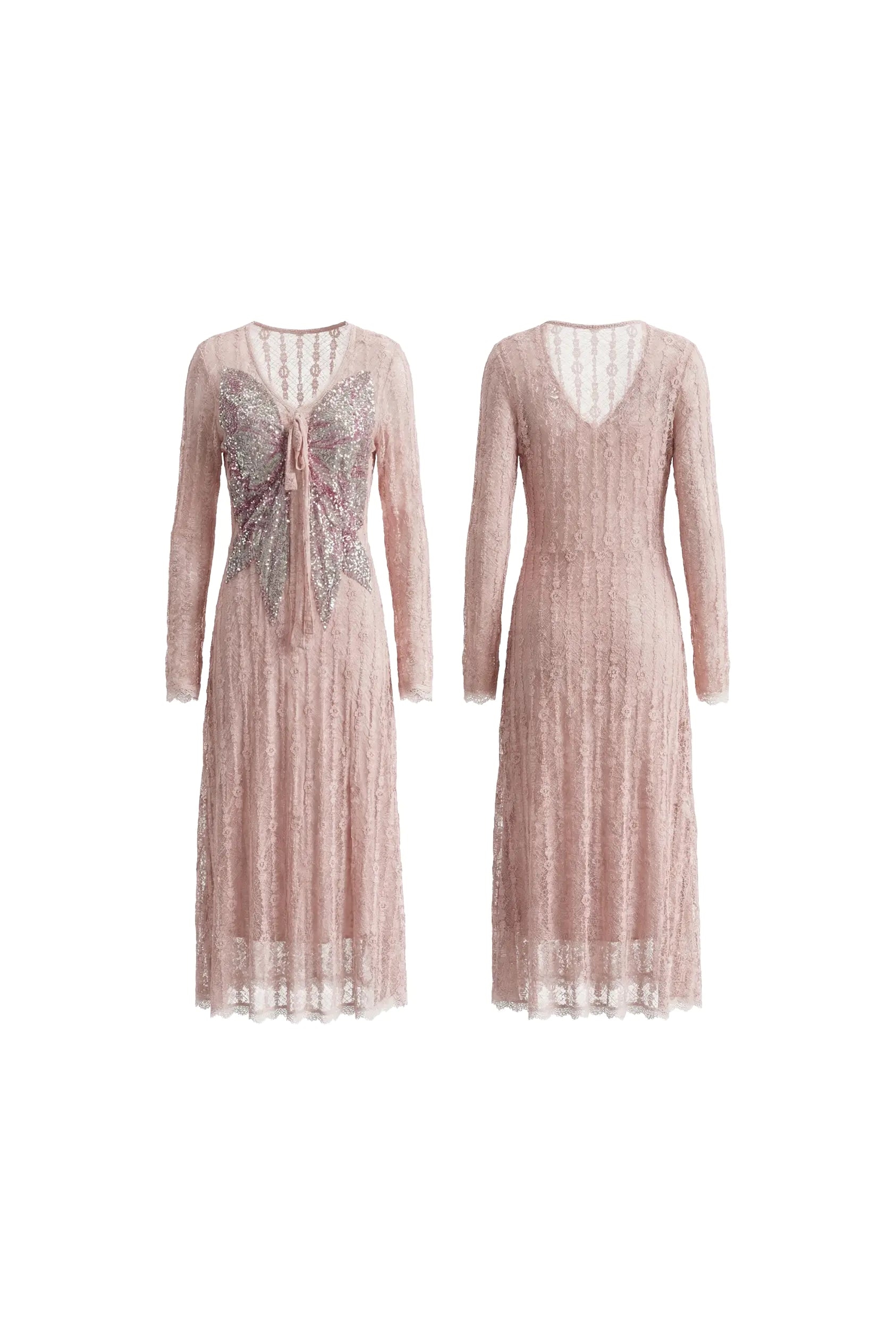 Two long-sleeve dresses with intricate designs on a white background, TCH Pink Rhinestone Bow Lace Layered Dress