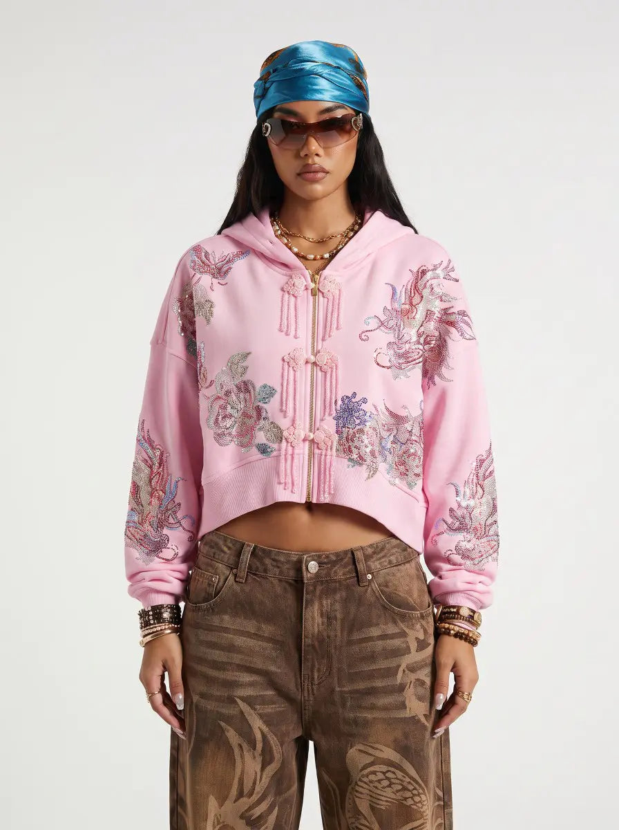 TCH Pink Rhinestone Floral Chinese Knot Cropped Hoodie pink rhinestone hoodie floral cropped hoodie women's pink zip up hoodie crystal embellished hoodie rhinestone streetwear cropped pink sweatshirt Chinese knot hoodie floral graphic hoodie statement streetwear hoodie TCH rhinestone clothing