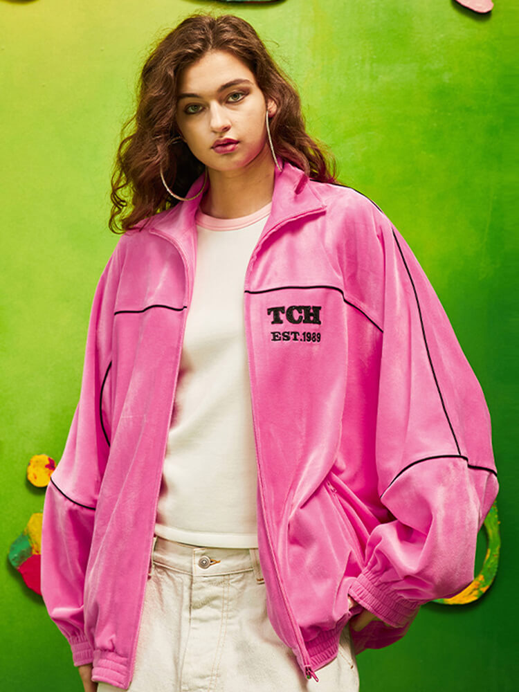 TCH Pink Rhinestone Letter Fleece Jacket pink HighEnd Luxury Streetwear Brand Official Showcase