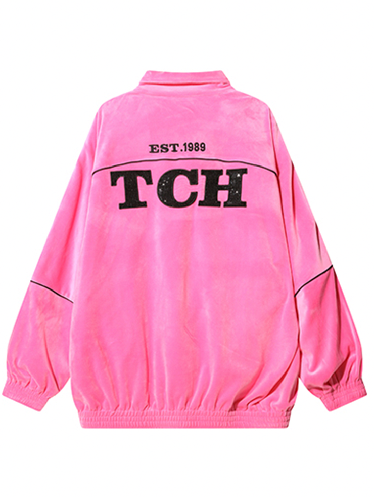 TCH Pink Rhinestone Letter Fleece Jacket pink HighEnd Luxury Streetwear Brand Official Showcase
