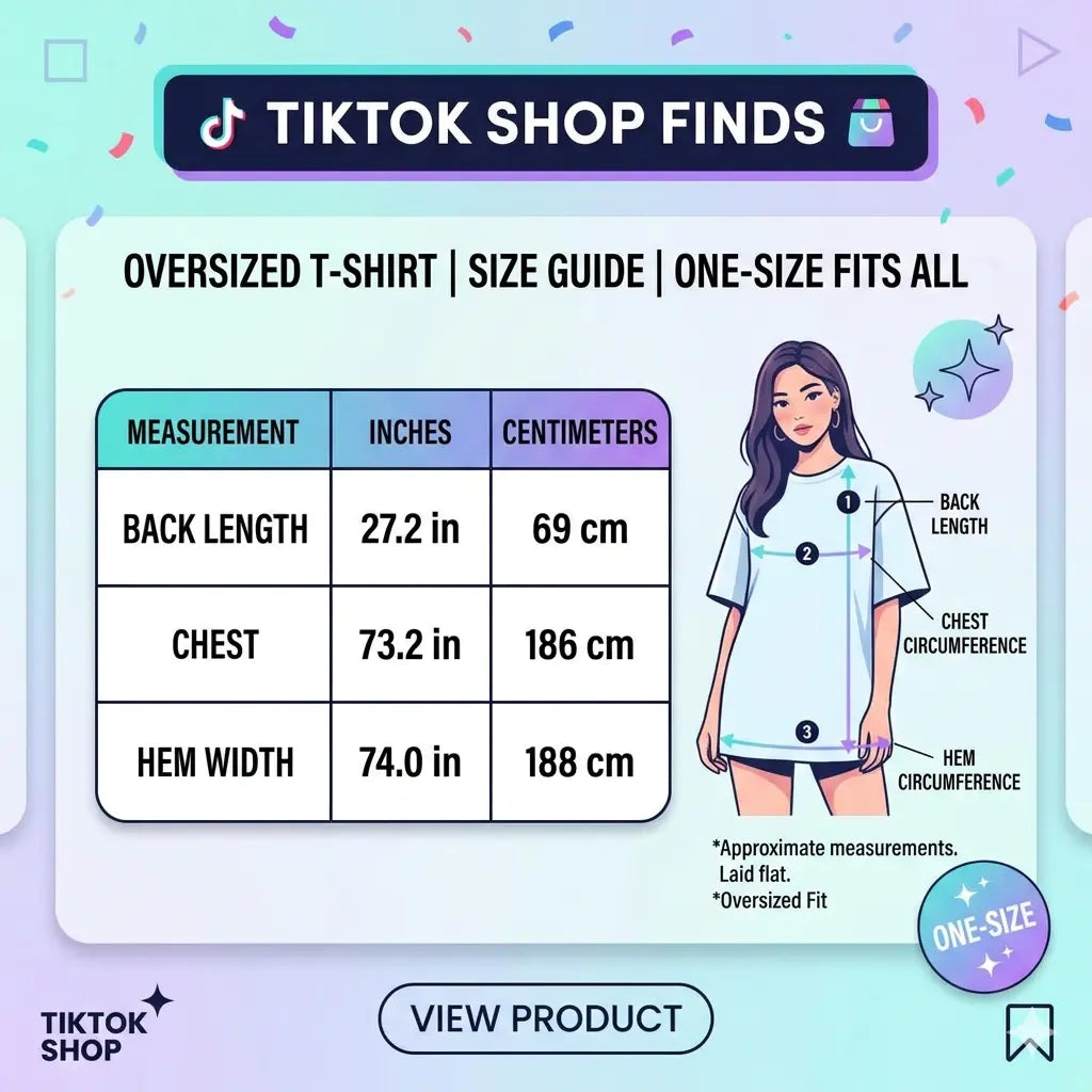 TikTok Shop oversized t-shirt size guide with measurements and a model wearing the shirt. TCH Pink Snake Rhinestone Oversize T-Shir