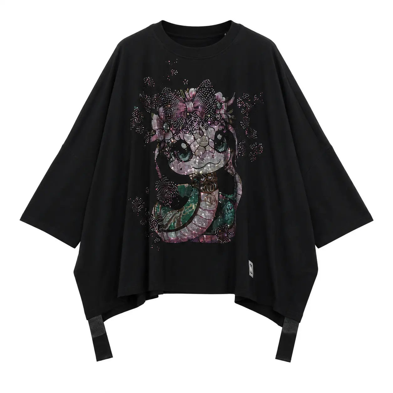 Black poncho with a decorative character design on a white background, TCH Pink Snake Rhinestone Oversize T-Shirt