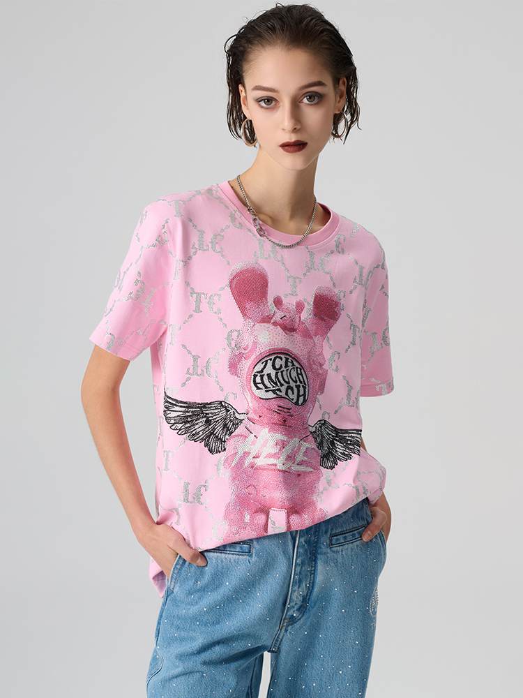 tch pink t-shirt with cartoon design and hand-applied rhinestones pink HighEnd Luxury Streetwear Brand Official Showcase