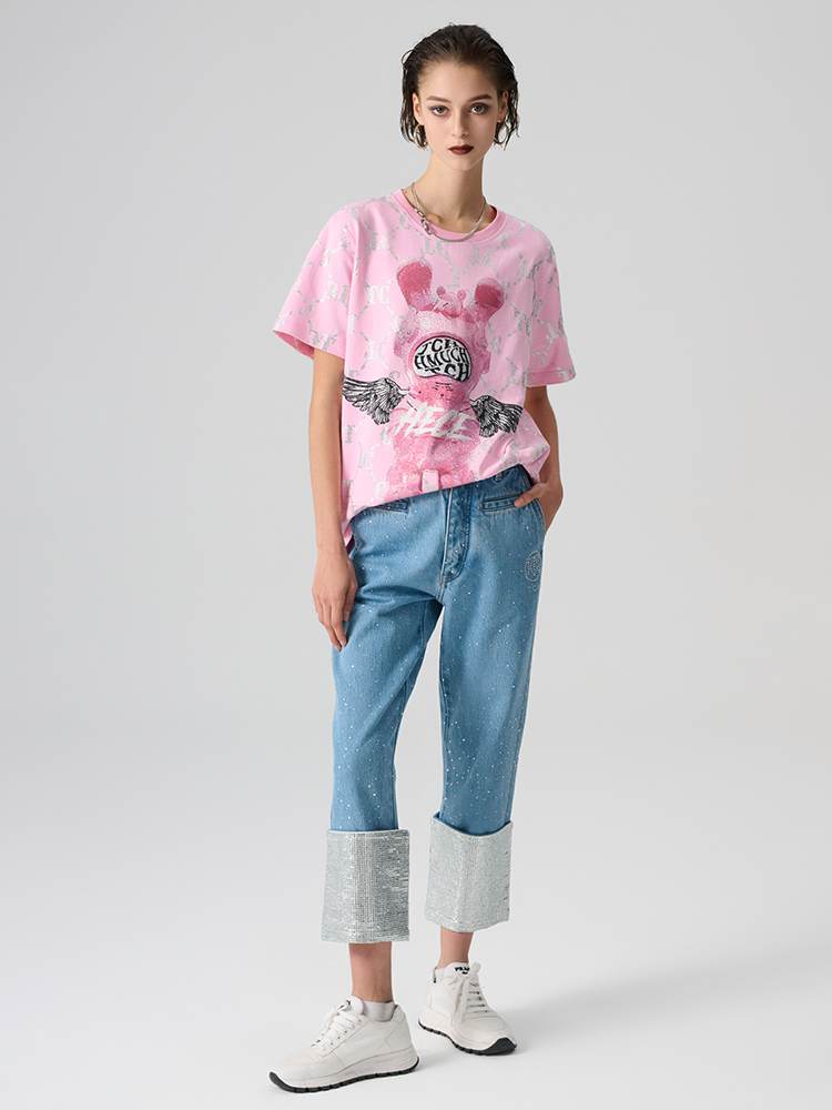 tch pink t-shirt with cartoon design and hand-applied rhinestones pink HighEnd Luxury Streetwear Brand Official Showcase