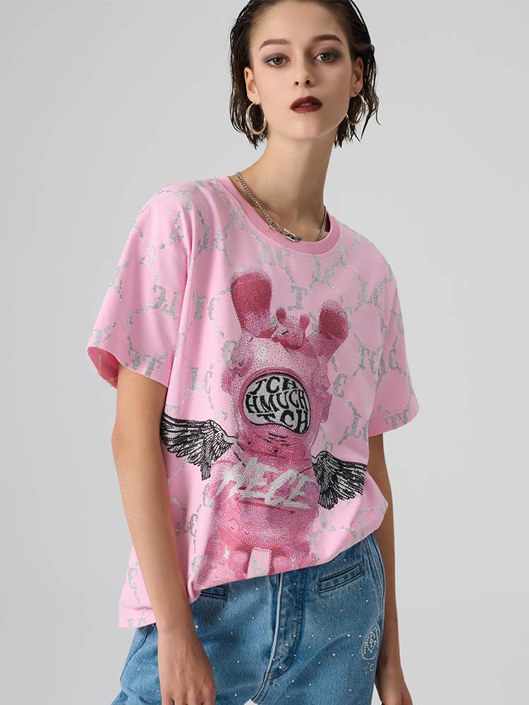 tch pink t-shirt with cartoon design and hand-applied rhinestones pink HighEnd Luxury Streetwear Brand Official Showcase