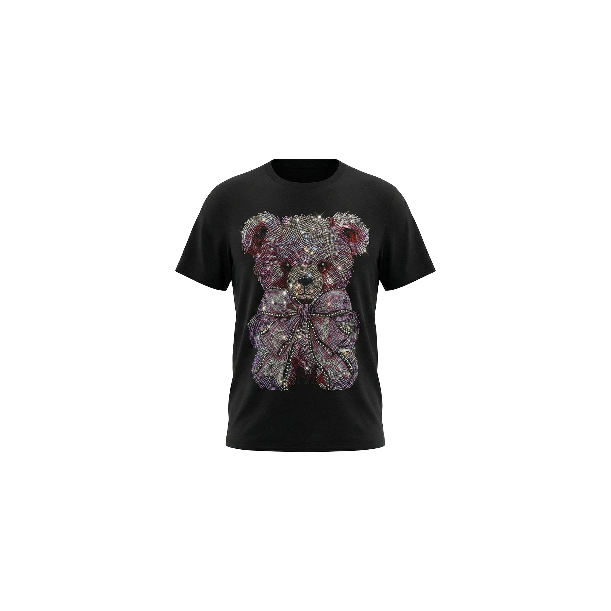 Black t-shirt with a teddy bear design featuring sequins on a white background, TCH Pink Teddy Bear Rhinestone T-Shirt
